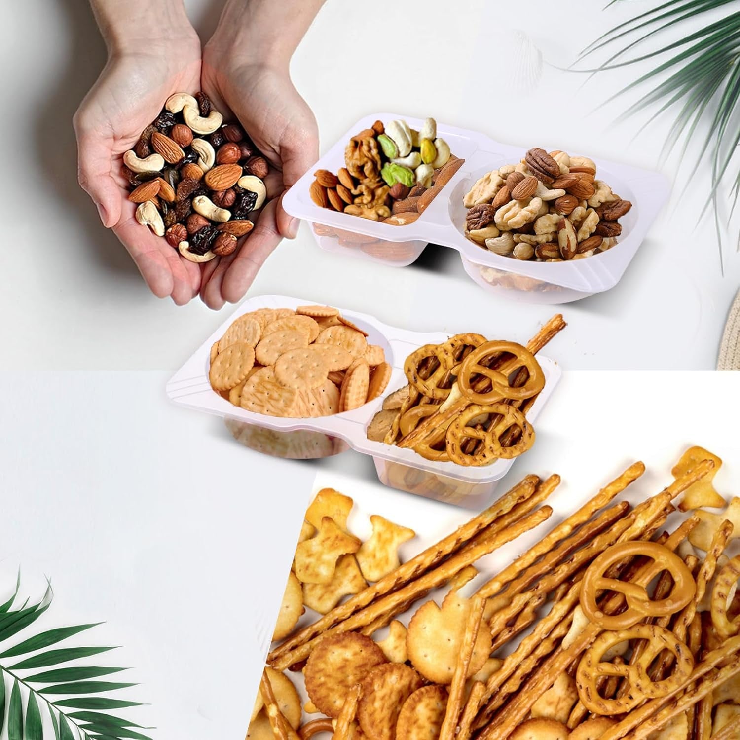 15 Sets Snack Containers, Reusable Double 2 Compartment Condiment with Lids for Sauces Dipping,Disposable and Ideal on the Go or Grab to Pack