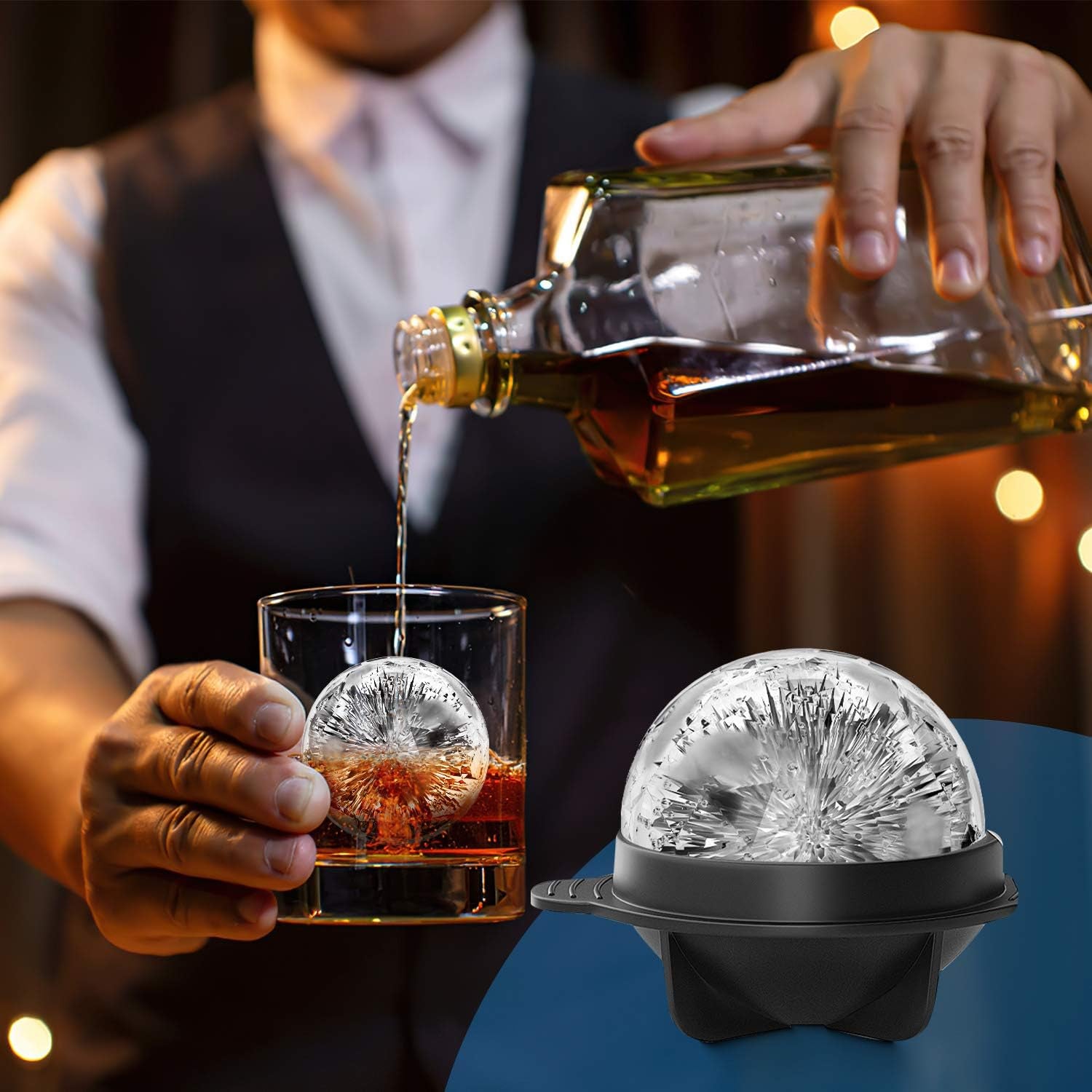 Bourbon Ice Cube Molds - round Ice Cube Mold Set of 4-2.5 Inch - Tight Sealing, Leak Proof Silicone Big Sphere Ice Ball Makers for Whiskey, Scotch