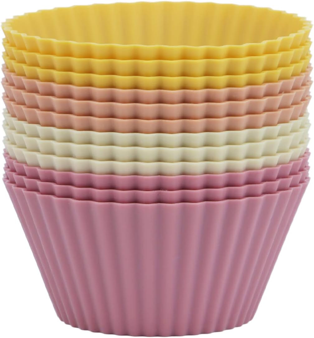 Silicone Baking Muffin Cups 12 Pack, Reusable Cupcake Liners Cake Molds, BPA Free, Dishwasher Safe(White, Green, Navy, Dusty Blue)