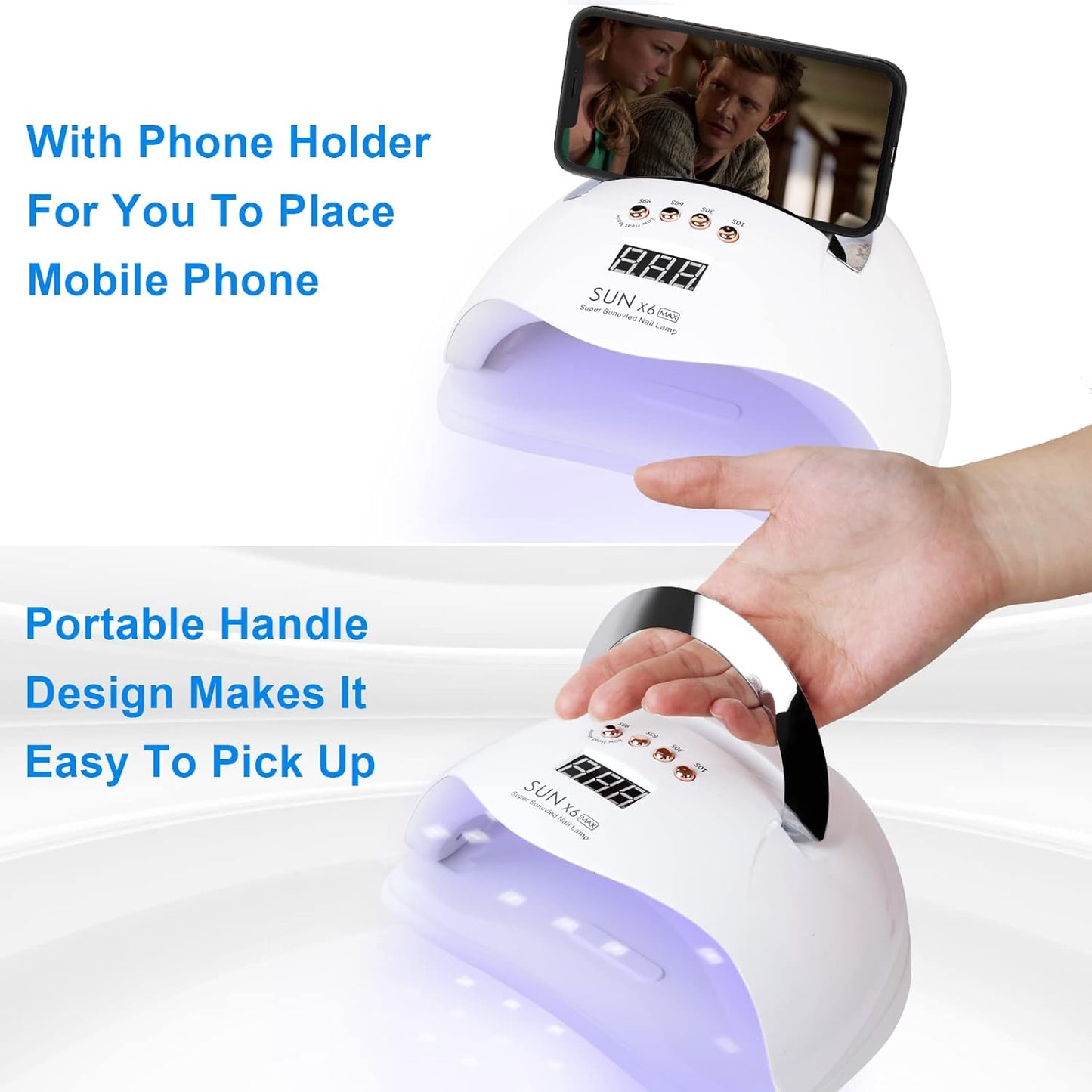 UV LED Nail Lamp, 220W UV Nail Polish Light with Phone Holder Professional Nail Gel Polish Dryer Curing Lamp with 4 Timer Setting, Auto Sensor 45 Beads for Nail Art Design