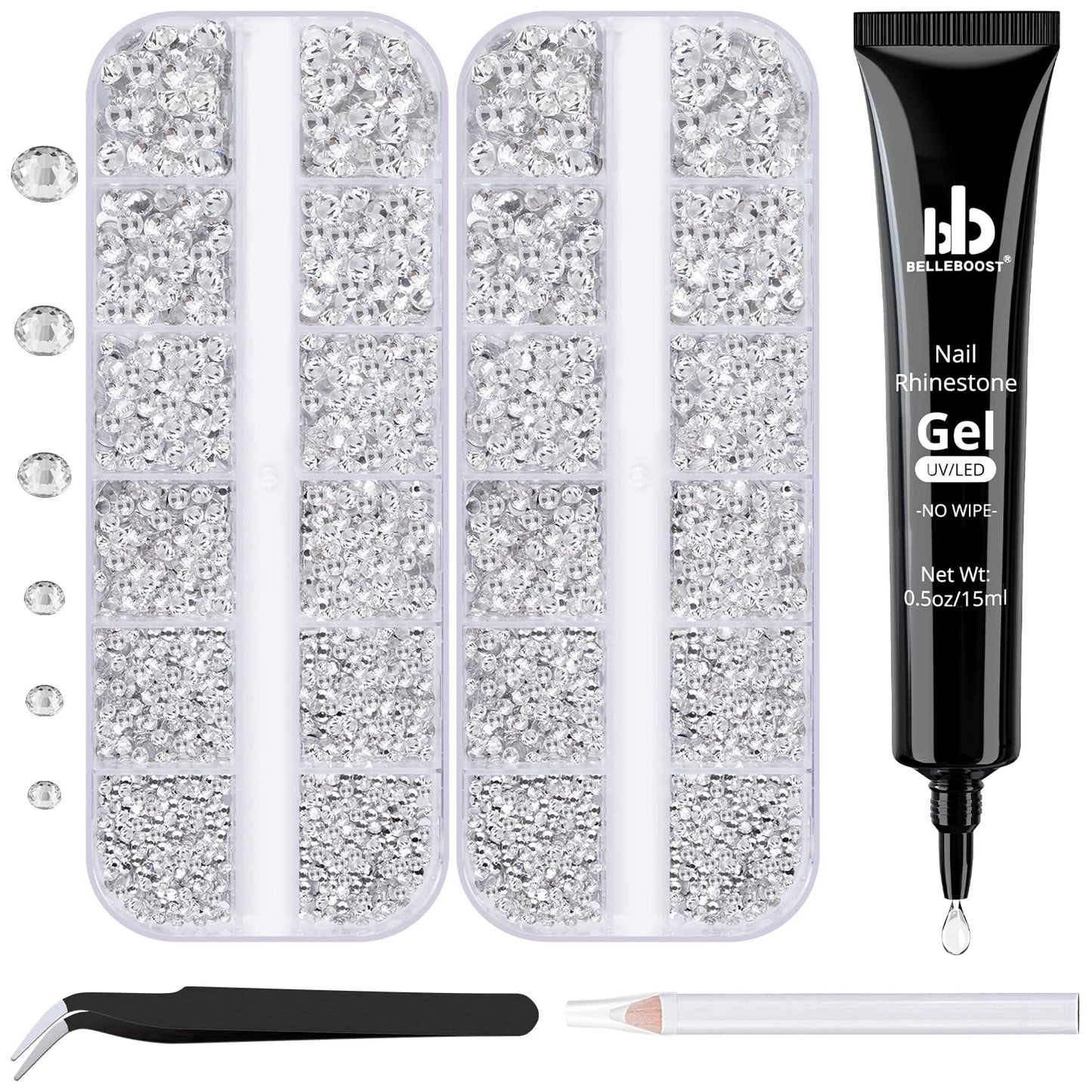 Nail Art Rhinestone Kit, 15Ml Rhinestone Gel Glue+Colorful Gems+Flatback Glass Crystal Ab&Clear Gemstones with Pickup Tools for Bedazzling Nail and Face Makeup