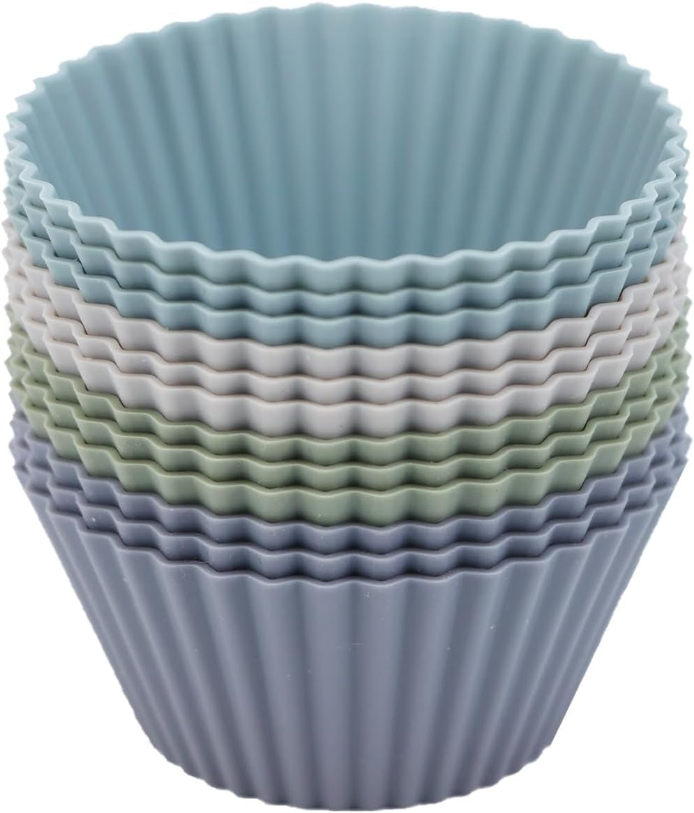 Silicone Baking Muffin Cups 12 Pack, Reusable Cupcake Liners Cake Molds, BPA Free, Dishwasher Safe(White, Green, Navy, Dusty Blue)