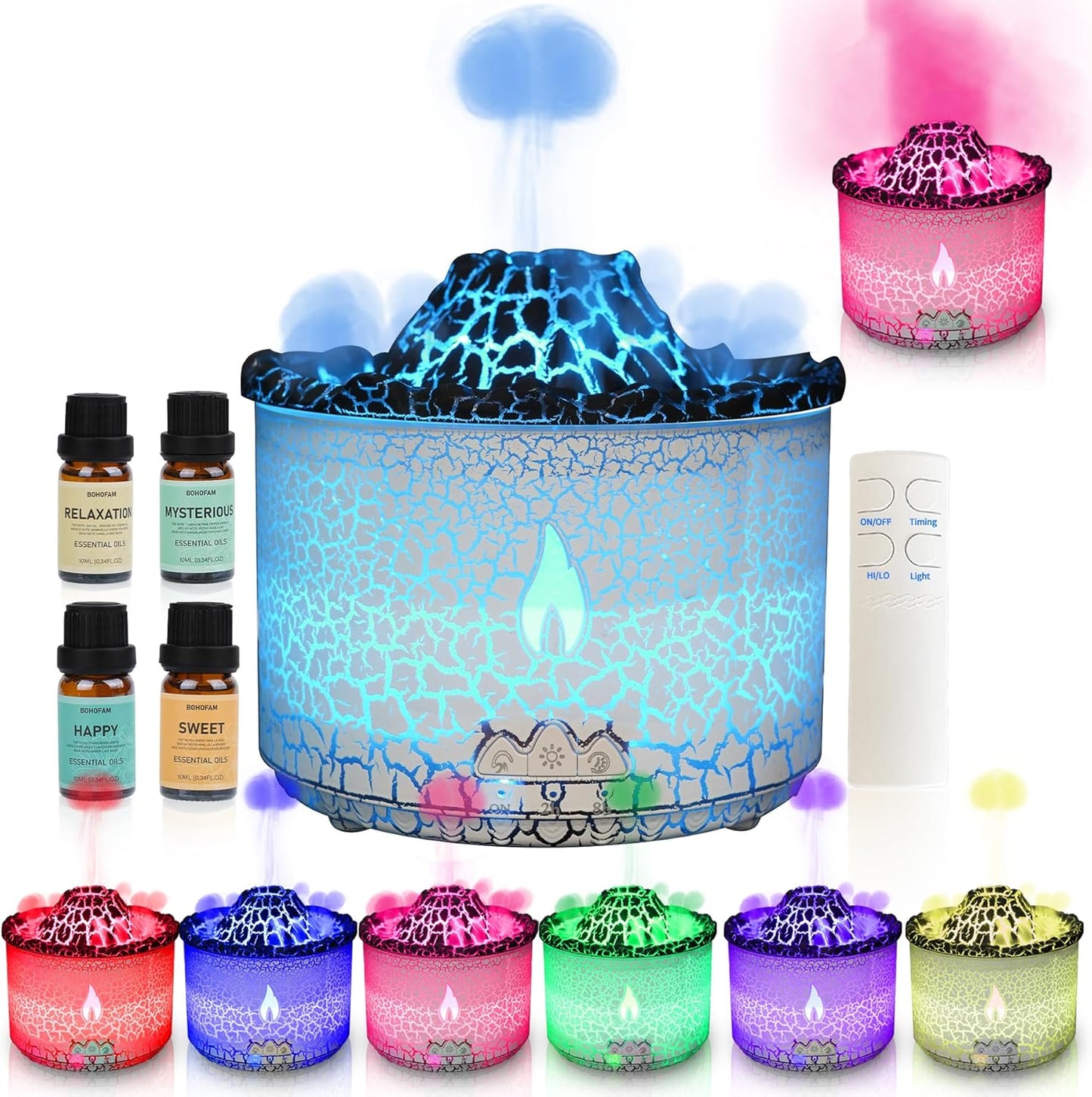 Aroma Essential Oil Diffuser 360 Ml,Volcano and Flame Diffuser/Humidifier,Give1.76 Oz Hotel Collection Essential Oils,Blue/Red Light Selection,Diffusers for Home,Large Room(Black Cracks)