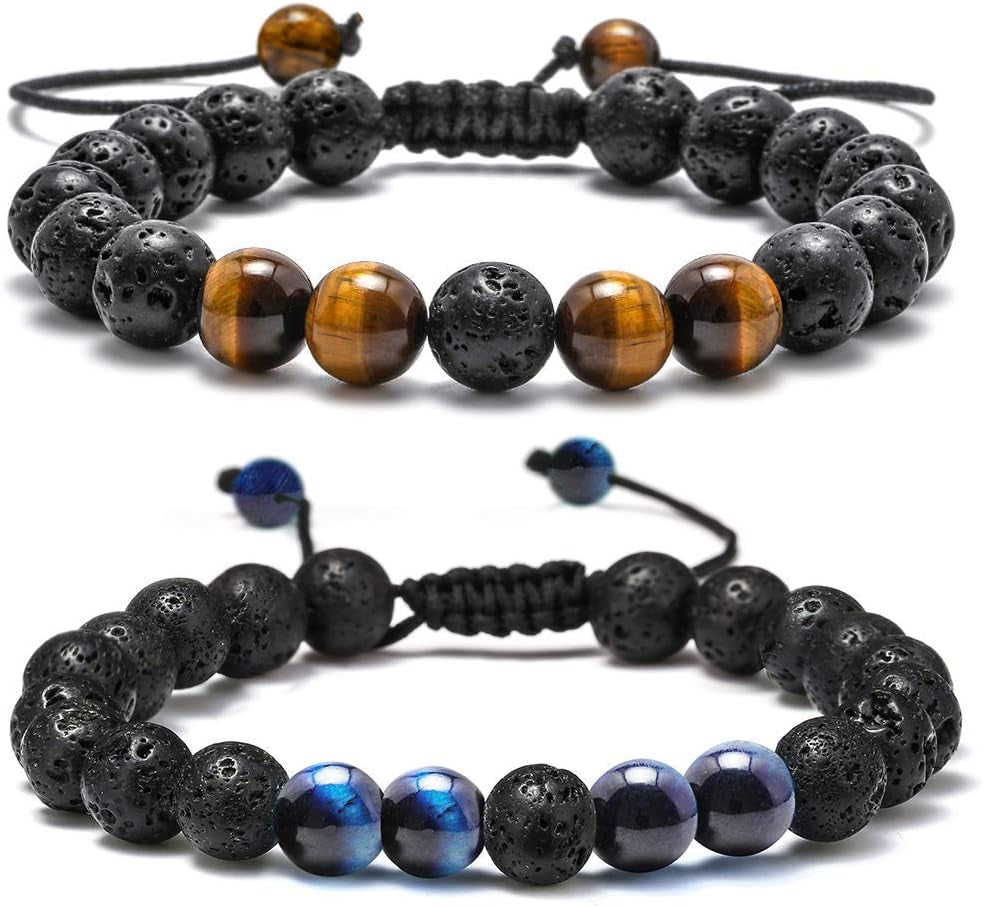 Fathers Day Gift Mens Bracelet - Beaded Natural Stone 8Mm Tiger Eye Matte Agate Lava Rock Bracelets for Men Teen Boys Grandpa Dad Birthday Gifts Jewelry