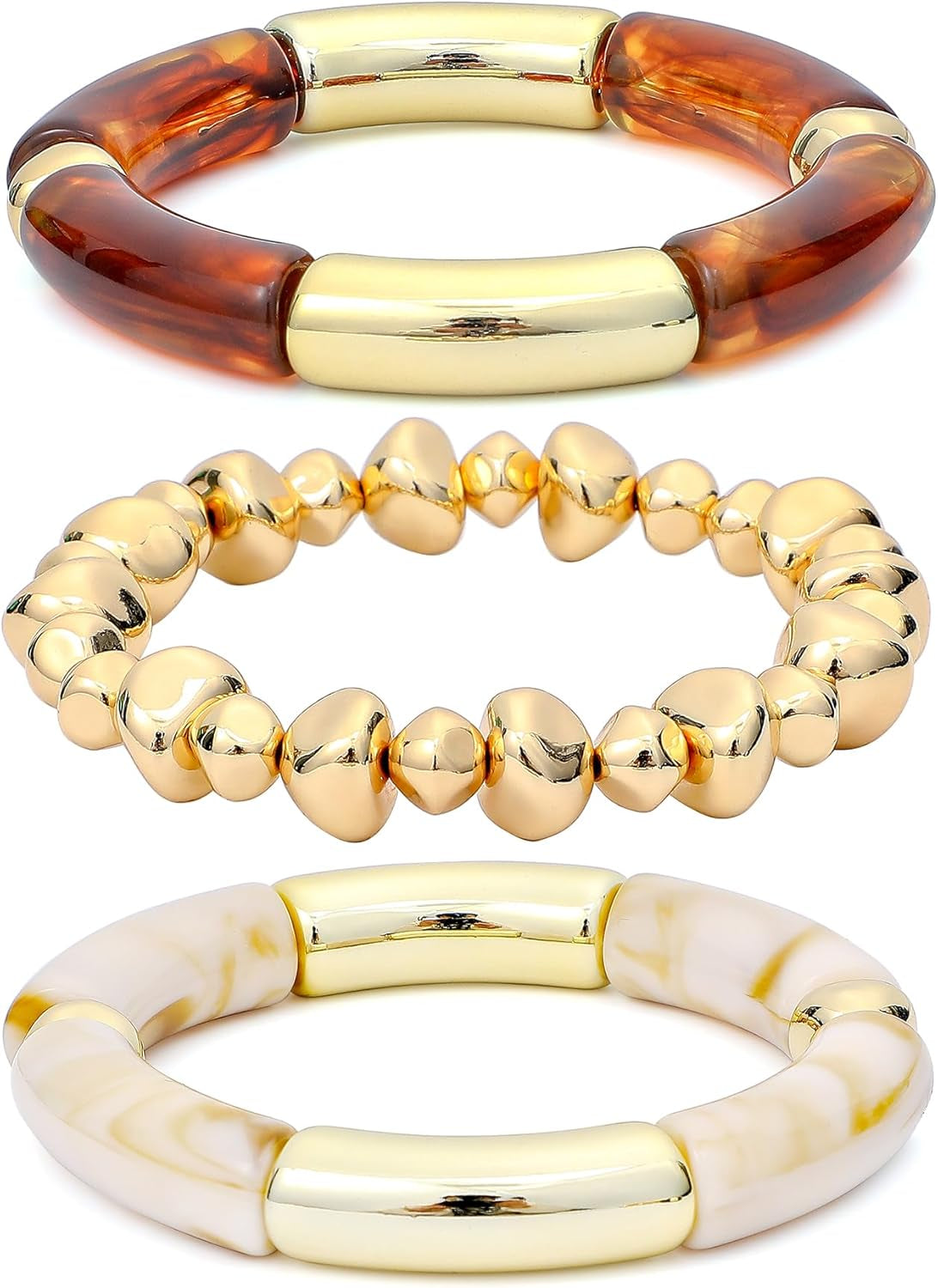 Simple Beaded Gold Plated Bangles Bracelet Chunky Bamboo Tube Curved Stacking Clear Acrylic Colorful Beads Stretchable Gold Plated Bracelets Set for Women