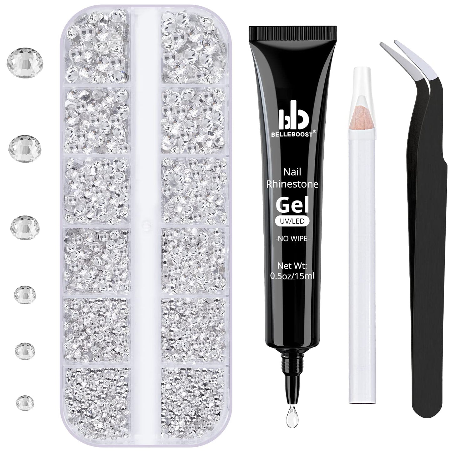 Nail Art Rhinestone Kit, 15Ml Rhinestone Gel Glue+Colorful Gems+Flatback Glass Crystal Ab&Clear Gemstones with Pickup Tools for Bedazzling Nail and Face Makeup