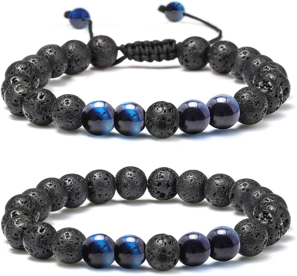 Fathers Day Gift Mens Bracelet - Beaded Natural Stone 8Mm Tiger Eye Matte Agate Lava Rock Bracelets for Men Teen Boys Grandpa Dad Birthday Gifts Jewelry