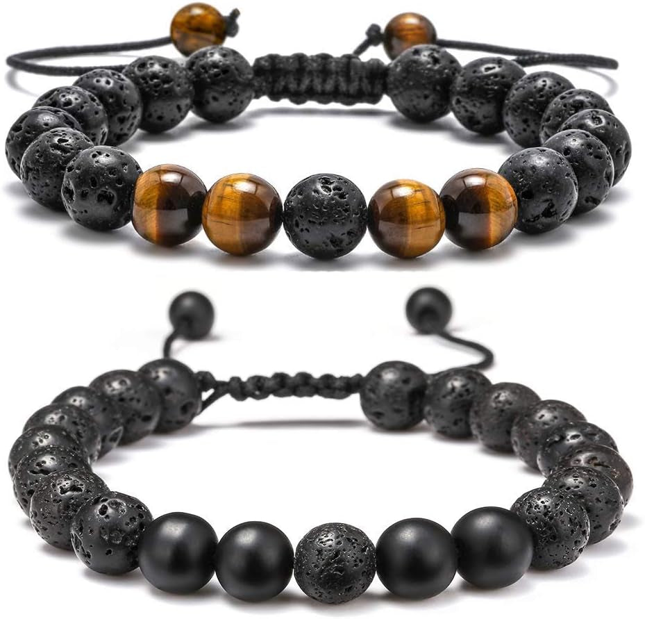 Fathers Day Gift Mens Bracelet - Beaded Natural Stone 8Mm Tiger Eye Matte Agate Lava Rock Bracelets for Men Teen Boys Grandpa Dad Birthday Gifts Jewelry