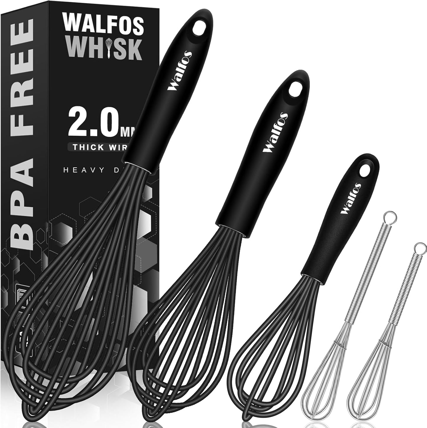 Silicone Whisk,Stainless Steel Wire Whisk Set of 3 -Heat Resistant 480°F Kitchen Whisks for Non-Stick Cookware,Balloon Egg Beater Perfect for Blending,Whisking,Beating,Frothing & Stirring,Black