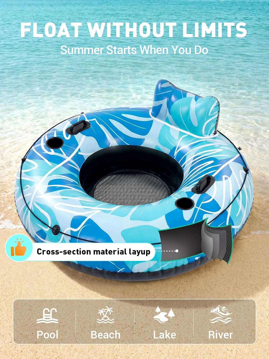 Inflatable River Tube for Adults - 53" Heavy Duty River Float with 2 Deep Cup Holders & Ergonomic Backrest, Floating Tubes with 2 Handles & Grab Rope for Pool, Lake or Lazy River