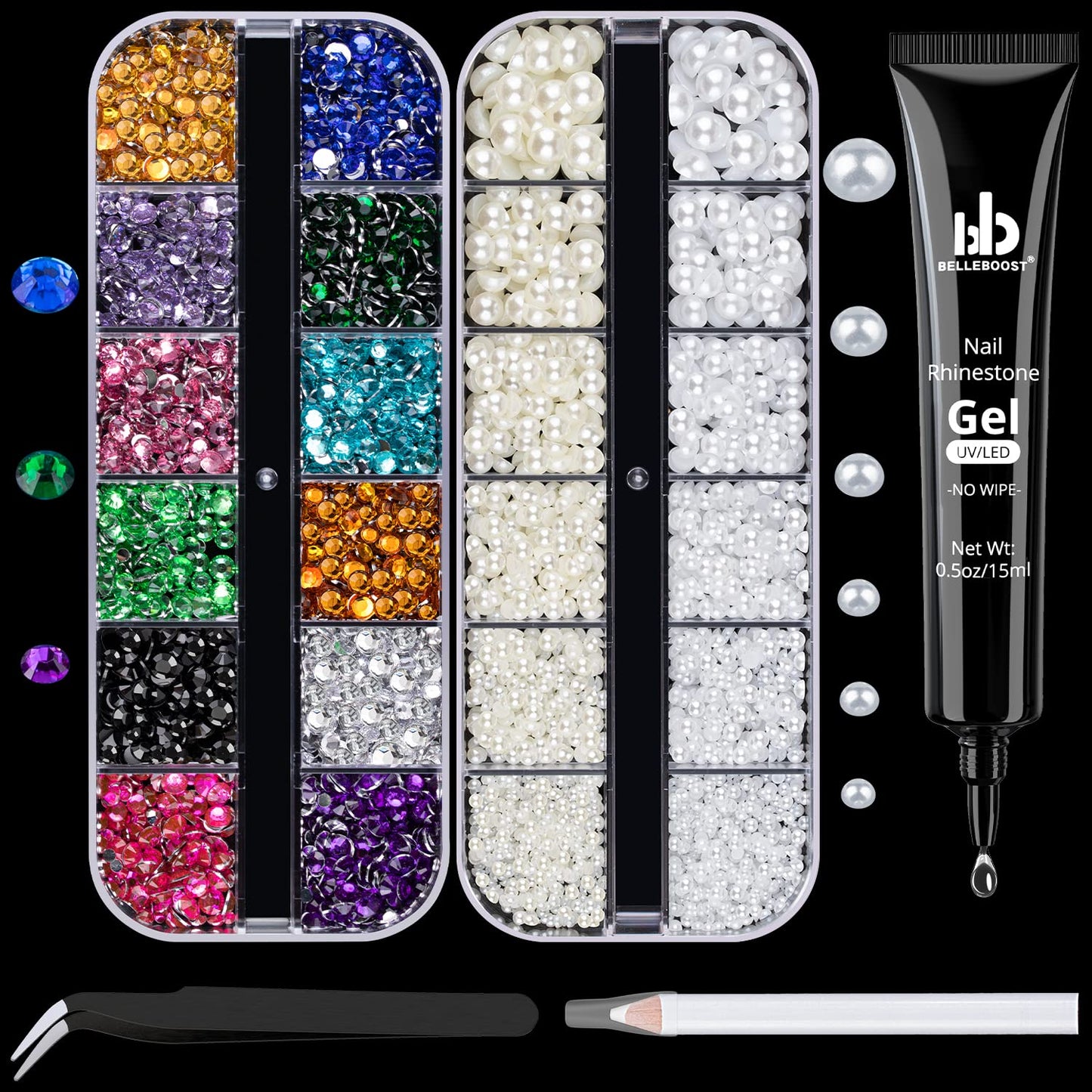 Nail Art Rhinestone Kit, 15Ml Rhinestone Gel Glue+Colorful Gems+Flatback Glass Crystal Ab&Clear Gemstones with Pickup Tools for Bedazzling Nail and Face Makeup