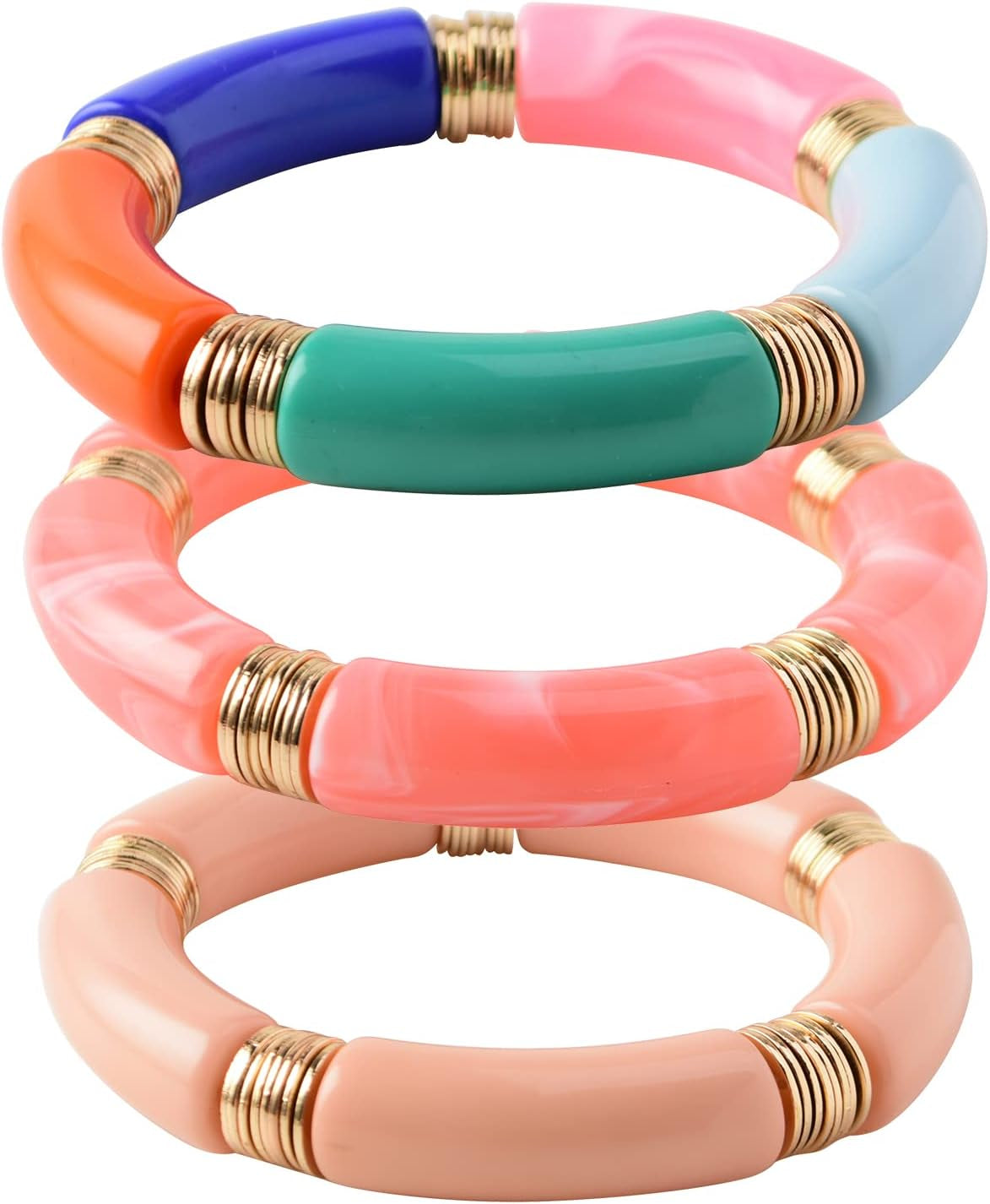 Simple Beaded Gold Plated Bangles Bracelet Chunky Bamboo Tube Curved Stacking Clear Acrylic Colorful Beads Stretchable Gold Plated Bracelets Set for Women