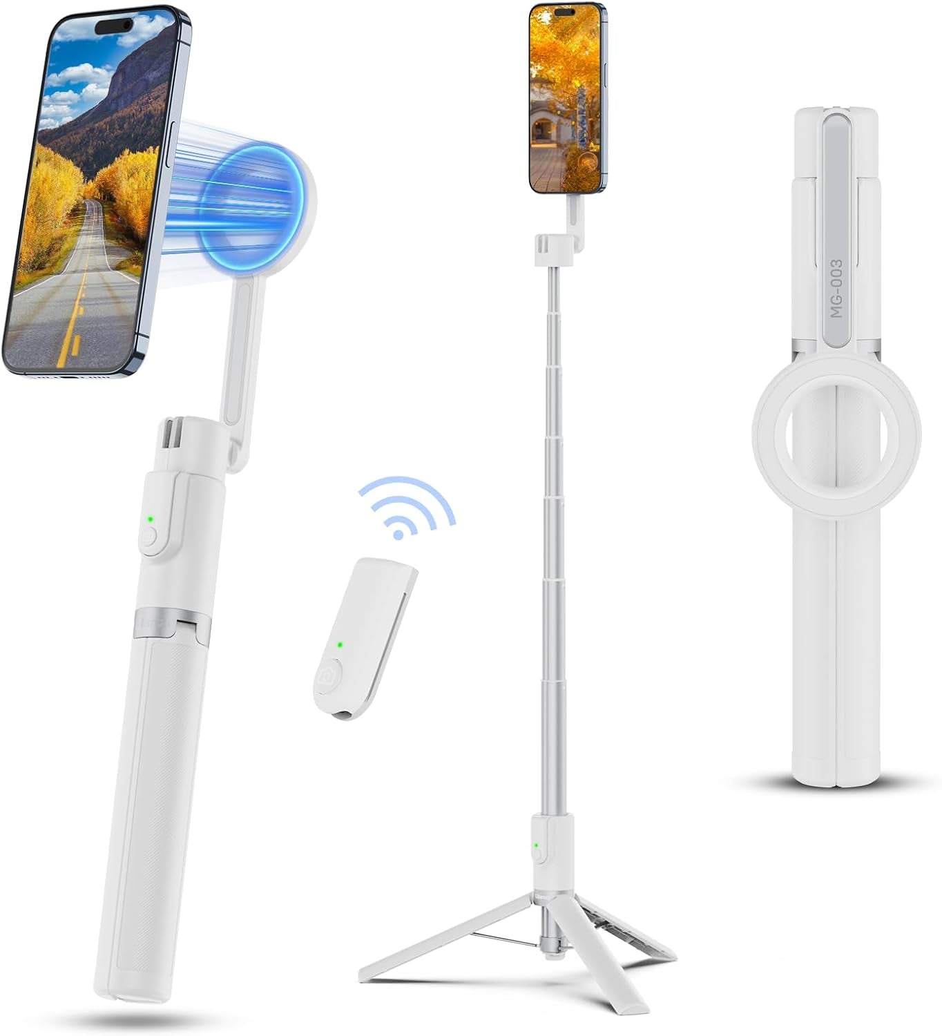 54'' Magnetic Selfie Stick Tripod Pro, All-In-One Phone Tripod W Magnetic Phone Holder & Detachable Wireless Remote, C/W Magsafe, for Iphone 16 15 14 13 12 Series & Android Phones (White)