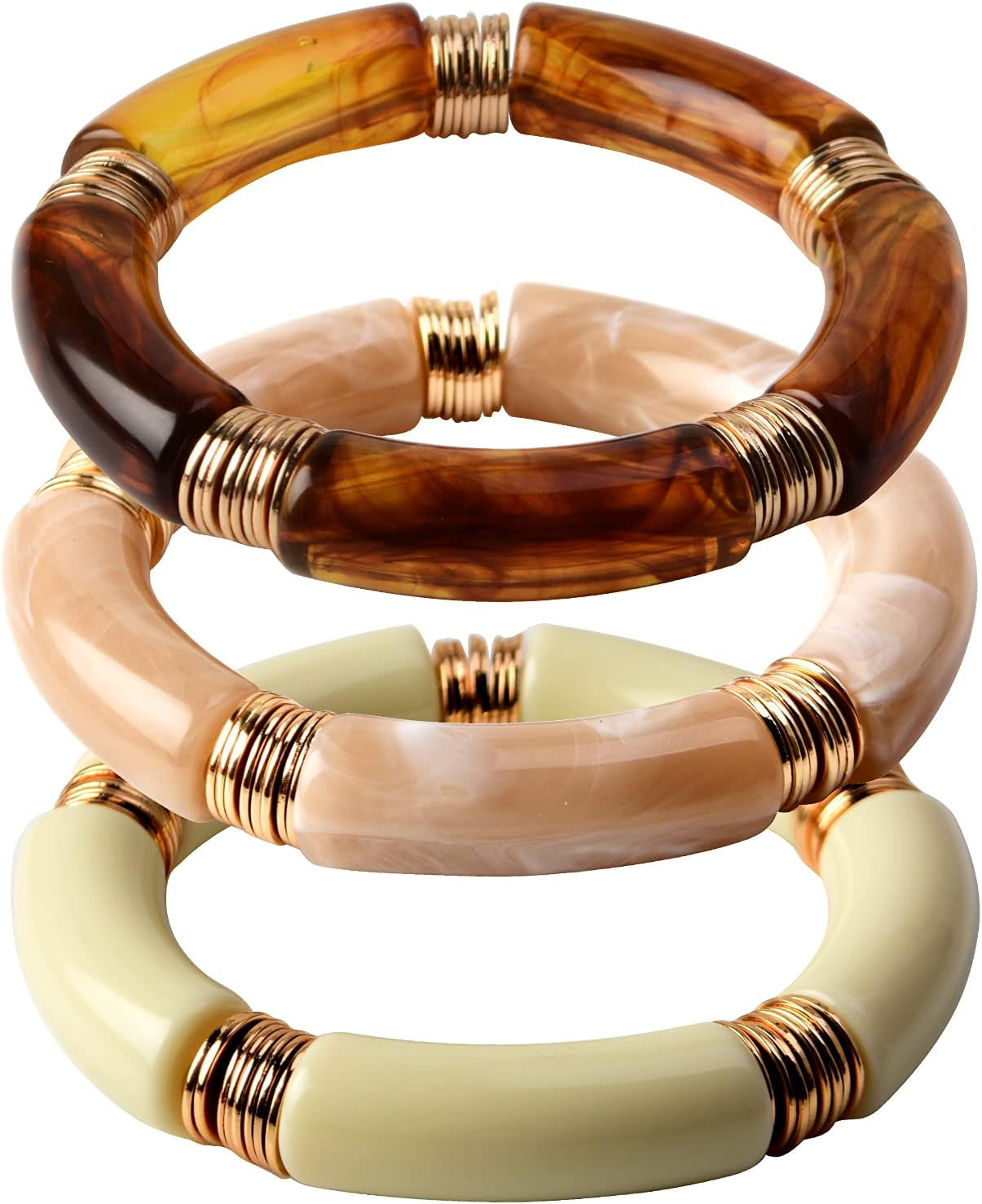 Simple Beaded Gold Plated Bangles Bracelet Chunky Bamboo Tube Curved Stacking Clear Acrylic Colorful Beads Stretchable Gold Plated Bracelets Set for Women