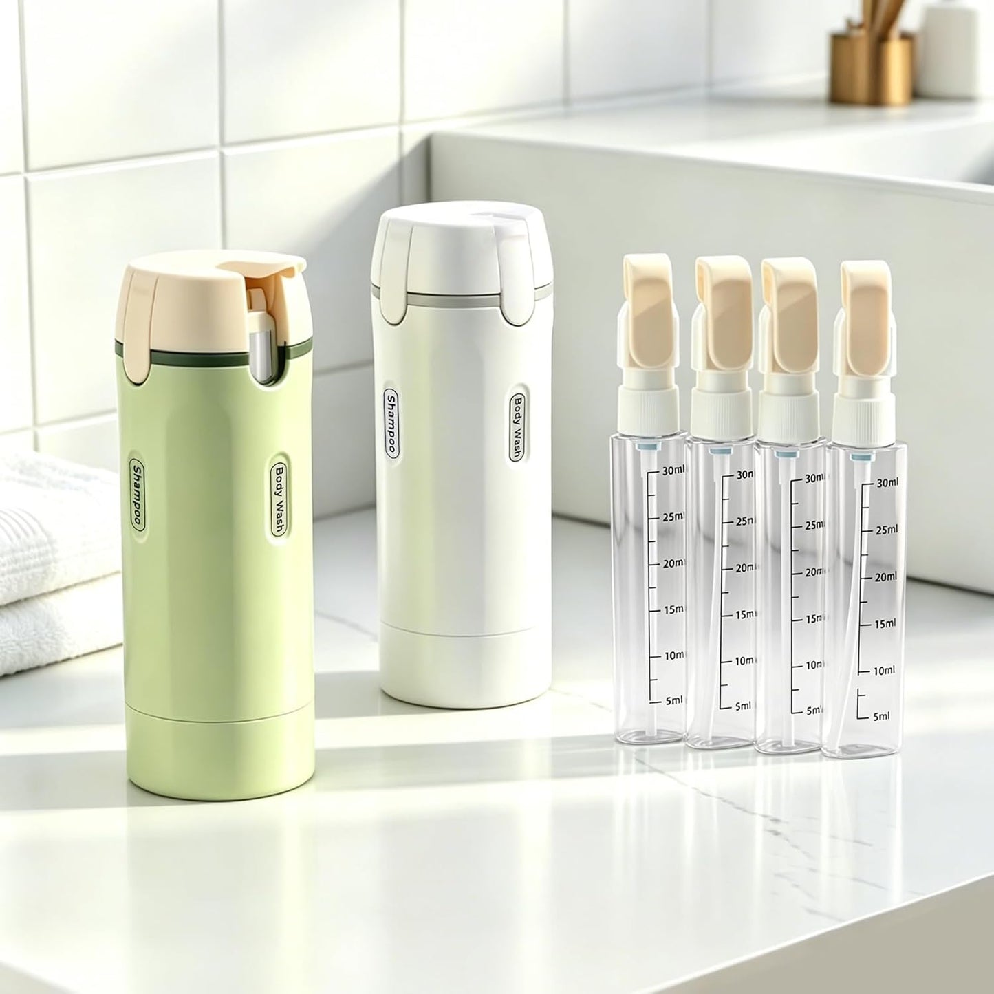 4 in 1 Travel Dispenser Bottle, Leakproof Rotatable Travel Pump Bottles for Toiletries, TSA Approved Hard Shell Liquid Containers (4X30Ml/1Oz), Essentials for Women & Men (White)