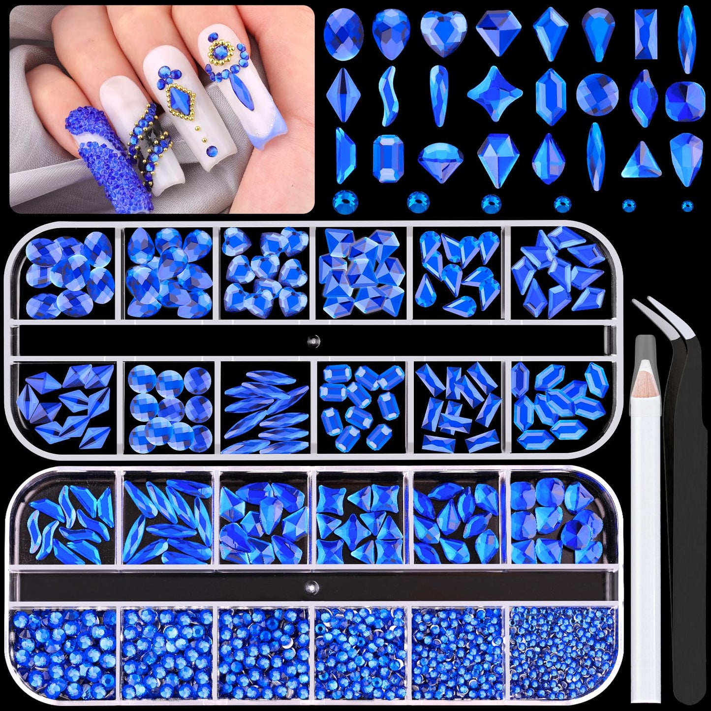 Nail Art Rhinestone Kit, 15Ml Rhinestone Gel Glue+Colorful Gems+Flatback Glass Crystal Ab&Clear Gemstones with Pickup Tools for Bedazzling Nail and Face Makeup