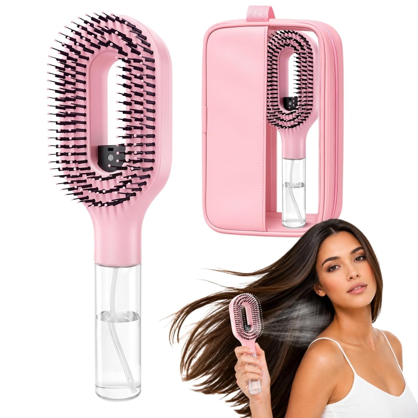 Hair Brush with Water Spray, 2-In-1 Misting Detangler for Wet Dry Curly Hair, Liquid Spraying Styling Tool with Refillable Bottle and Waterproof Storage Bag, Portable Travel Hairbrush Set, Blue