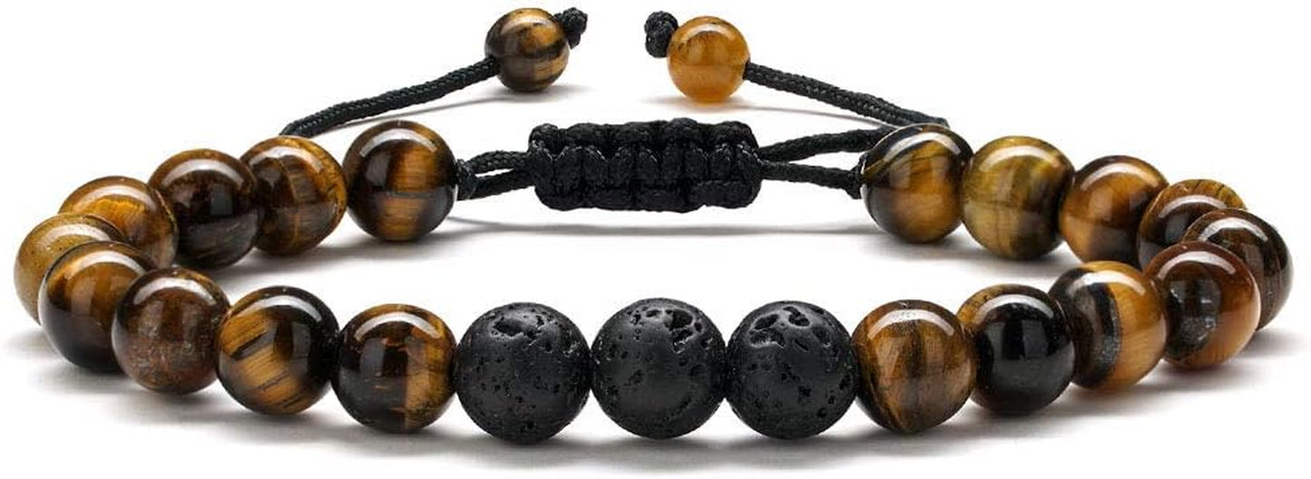 Fathers Day Gift Mens Bracelet - Beaded Natural Stone 8Mm Tiger Eye Matte Agate Lava Rock Bracelets for Men Teen Boys Grandpa Dad Birthday Gifts Jewelry