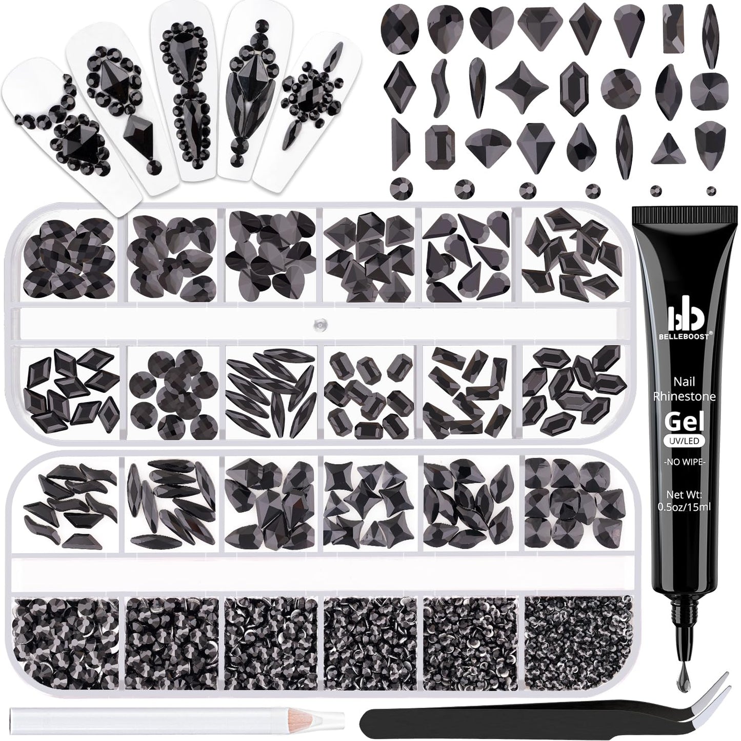 Nail Art Rhinestone Kit, 15Ml Rhinestone Gel Glue+Colorful Gems+Flatback Glass Crystal Ab&Clear Gemstones with Pickup Tools for Bedazzling Nail and Face Makeup