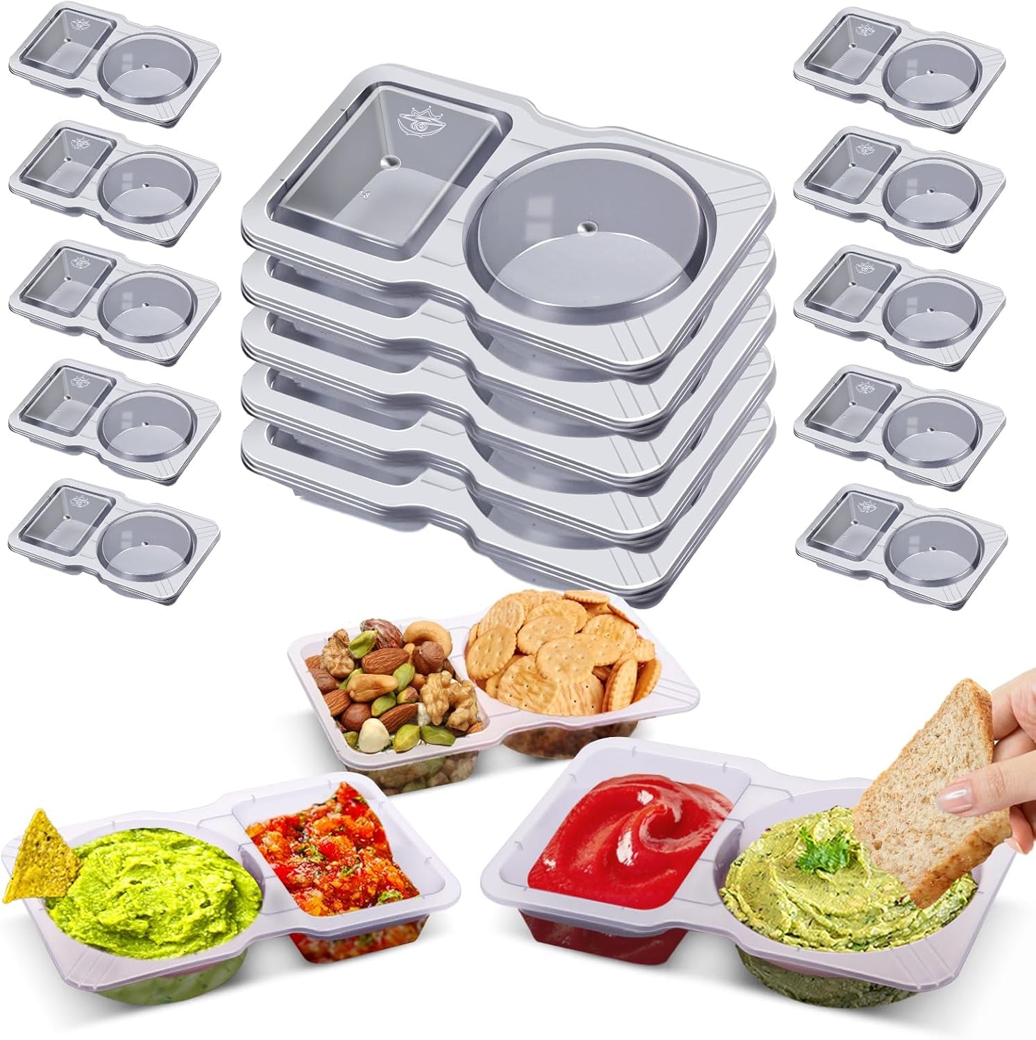 15 Sets Snack Containers, Reusable Double 2 Compartment Condiment with Lids for Sauces Dipping,Disposable and Ideal on the Go or Grab to Pack