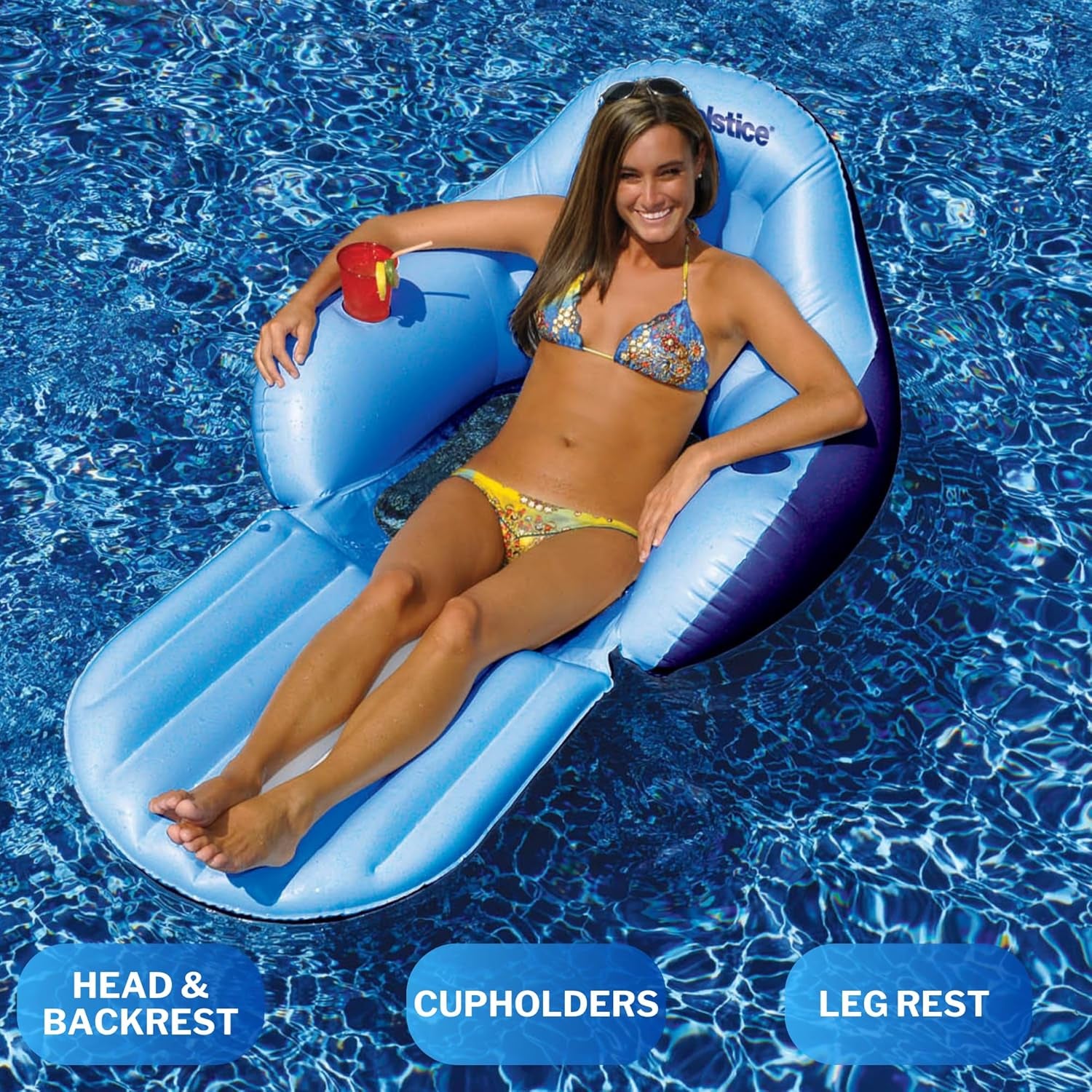 SOLSTICE Inflatable Pool Lounger Float for Relaxation – Raft for Group Pool, Beach & Lake Use, Solo Chair with Convertible Leg Rest, Blue