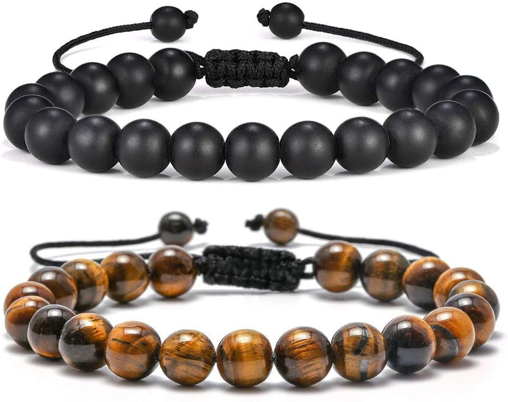 Fathers Day Gift Mens Bracelet - Beaded Natural Stone 8Mm Tiger Eye Matte Agate Lava Rock Bracelets for Men Teen Boys Grandpa Dad Birthday Gifts Jewelry