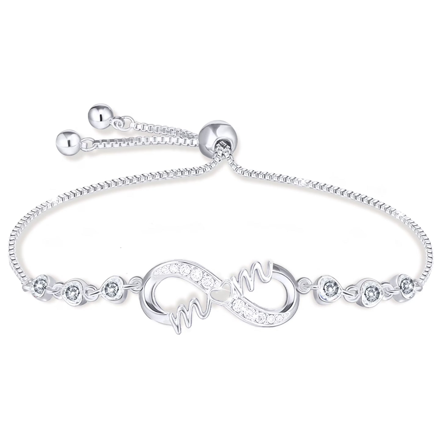 S925 Sterling Silver Plated Infinite Love Heart Mom Bracelets for Mom Mother Mama CZ April Birthstone Bracelet with CZ Crystal Birth Birthday Mother'S Day Jewelry Gifts for Her