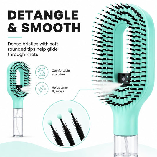 Hair Brush with Water Spray, 2-In-1 Misting Detangler for Wet Dry Curly Hair, Liquid Spraying Styling Tool with Refillable Bottle and Waterproof Storage Bag, Portable Travel Hairbrush Set, Blue