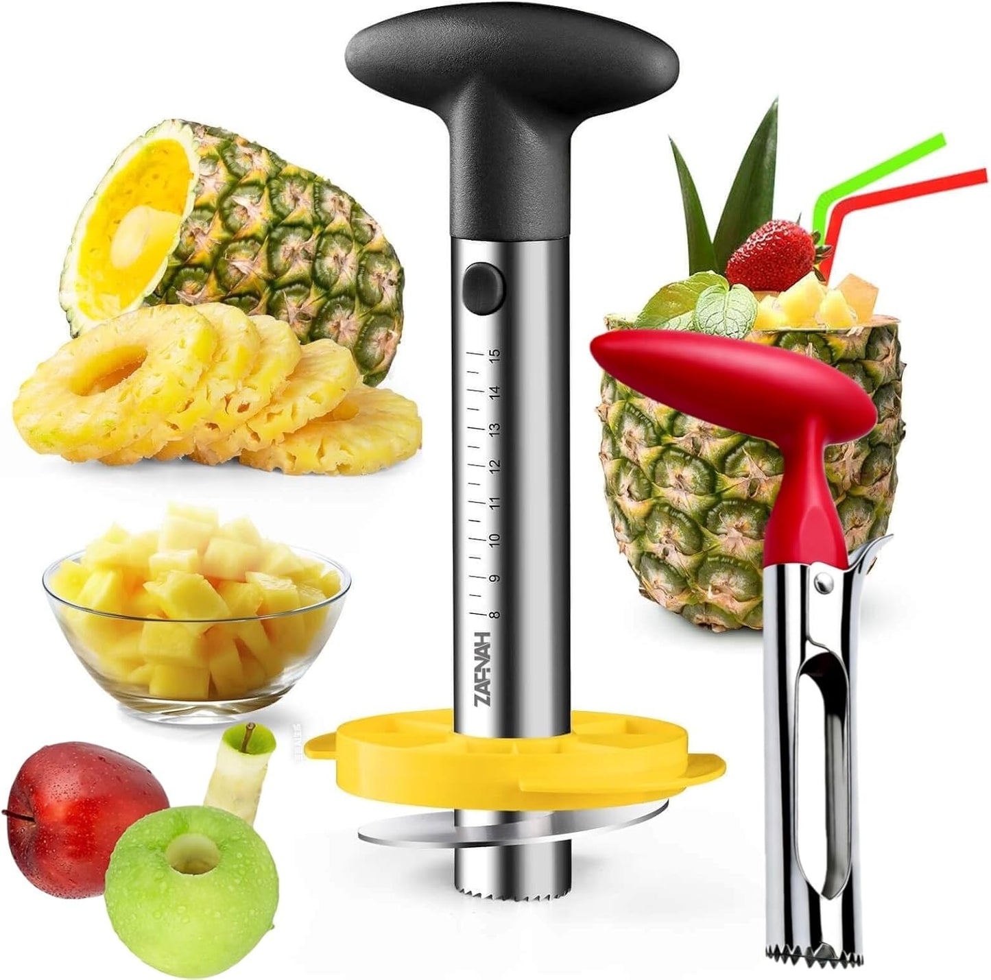 Pineapple Corer and Slicer Tool, Pineapple Cutter and Corer, Stainless Steel Pineapple Peeler, Easy Pineapple Core Remover Decorer, Eye Removal Tool, Pelador De Piña (Black with Measure Marks)