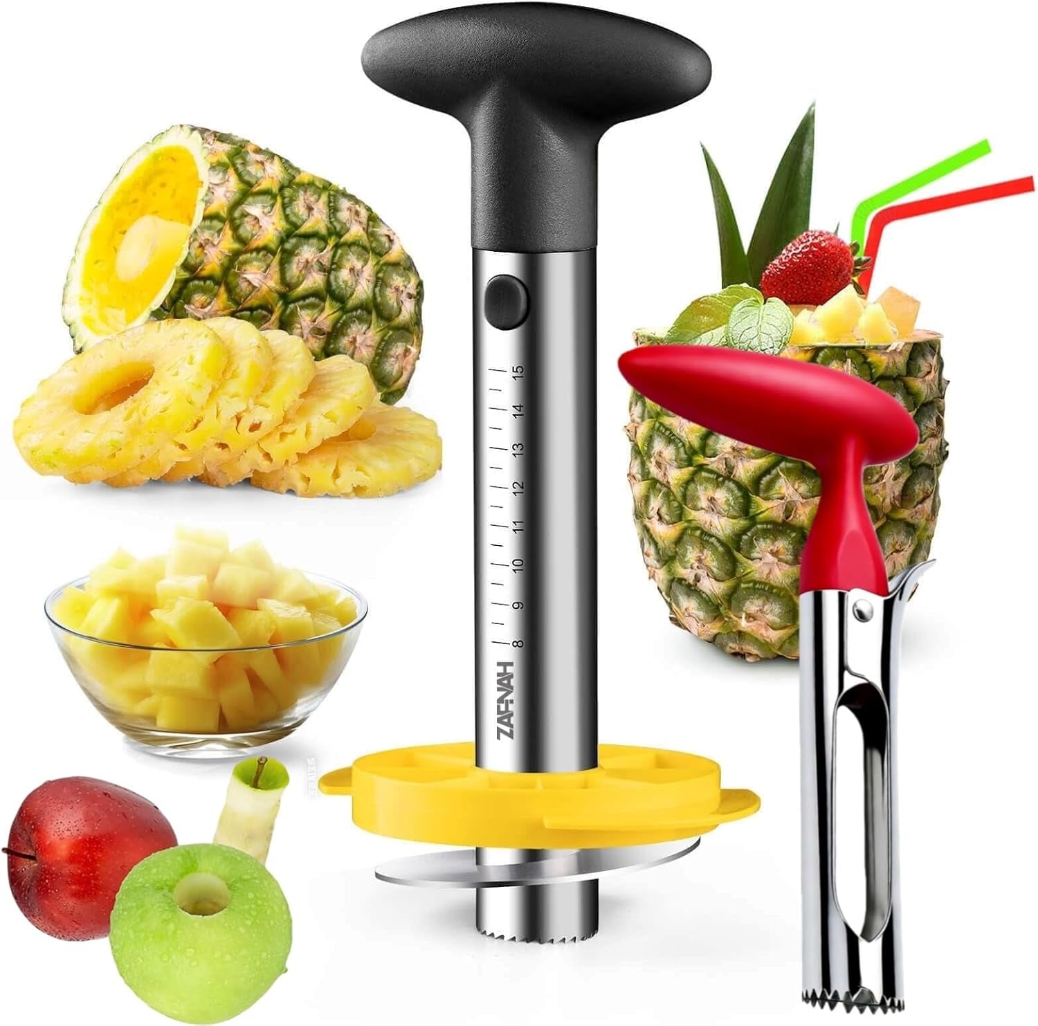 Pineapple Corer and Slicer Tool, Pineapple Cutter and Corer, Stainless Steel Pineapple Peeler, Easy Pineapple Core Remover Decorer, Eye Removal Tool, Pelador De Piña (Black with Measure Marks)