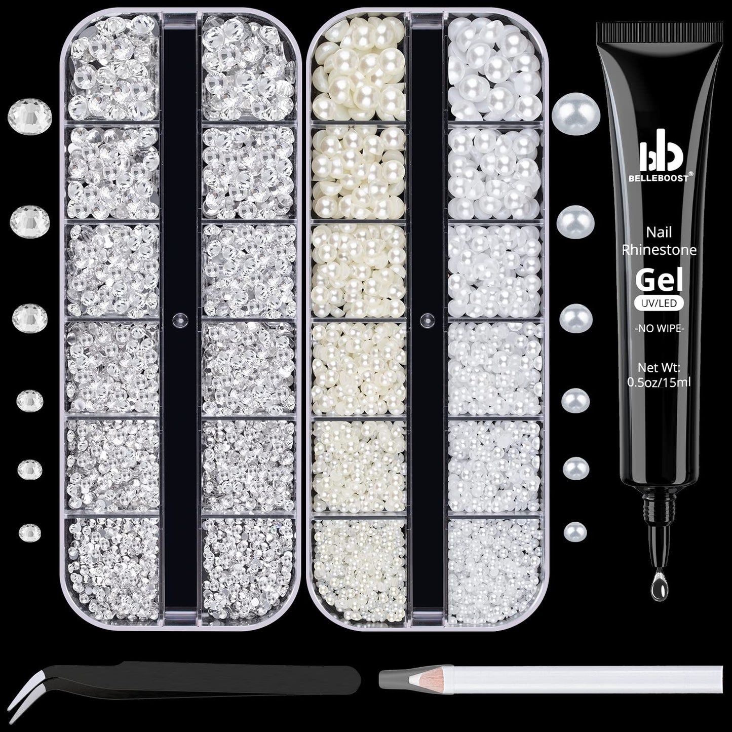 Nail Art Rhinestone Kit, 15Ml Rhinestone Gel Glue+Colorful Gems+Flatback Glass Crystal Ab&Clear Gemstones with Pickup Tools for Bedazzling Nail and Face Makeup