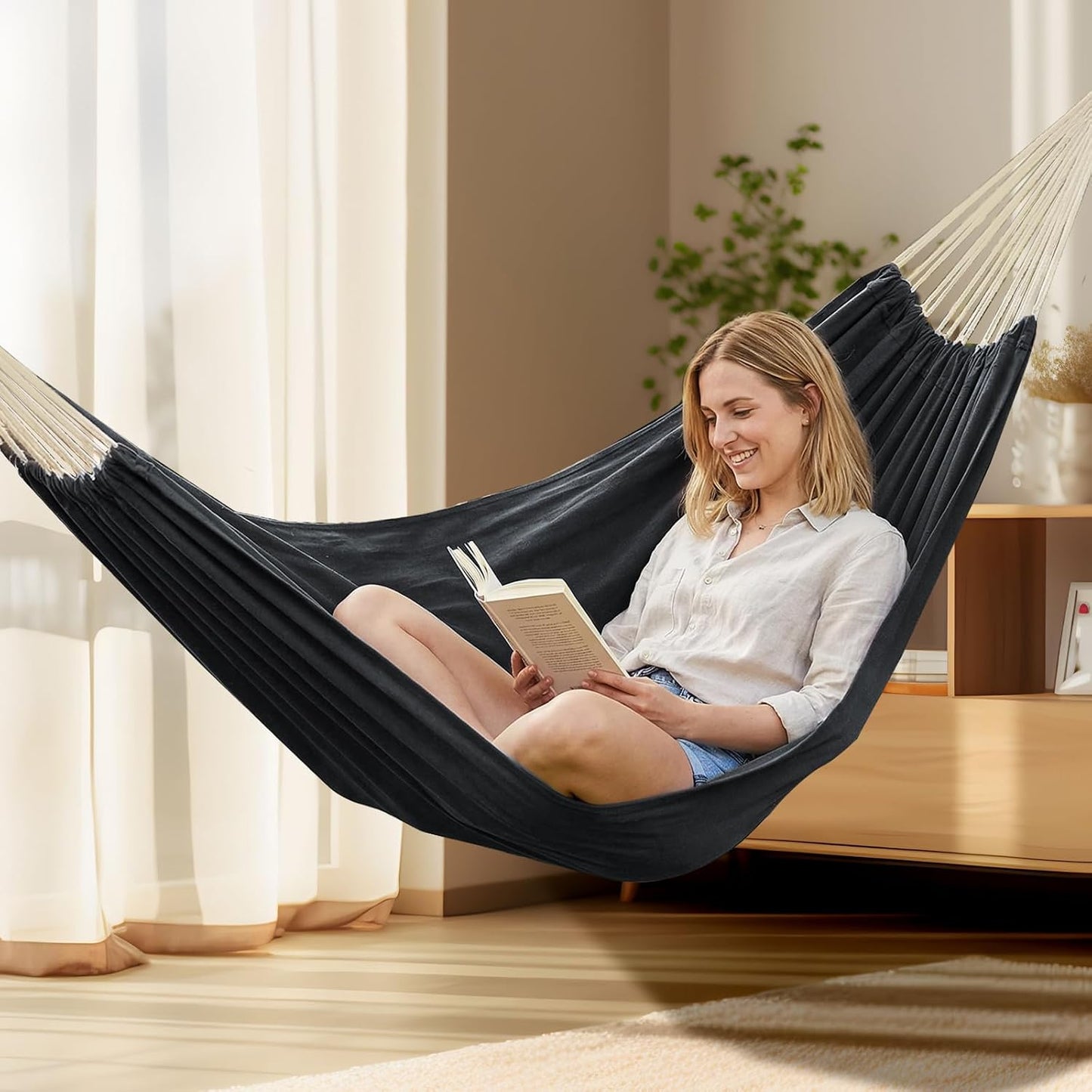 Cotton Hammock Portable Camping Hammocks for Hanging Sturdy Garden Comfortable Fabric Hammock with Tree Straps up to 660Lbs with Travel Bag for Camping Outdoor/Indoor Patio Backyard