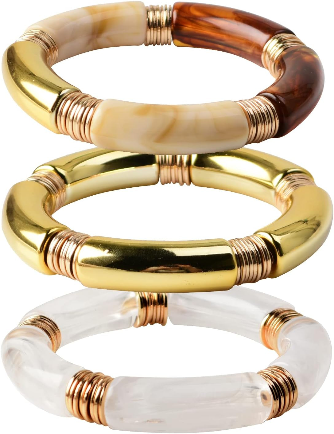 Simple Beaded Gold Plated Bangles Bracelet Chunky Bamboo Tube Curved Stacking Clear Acrylic Colorful Beads Stretchable Gold Plated Bracelets Set for Women