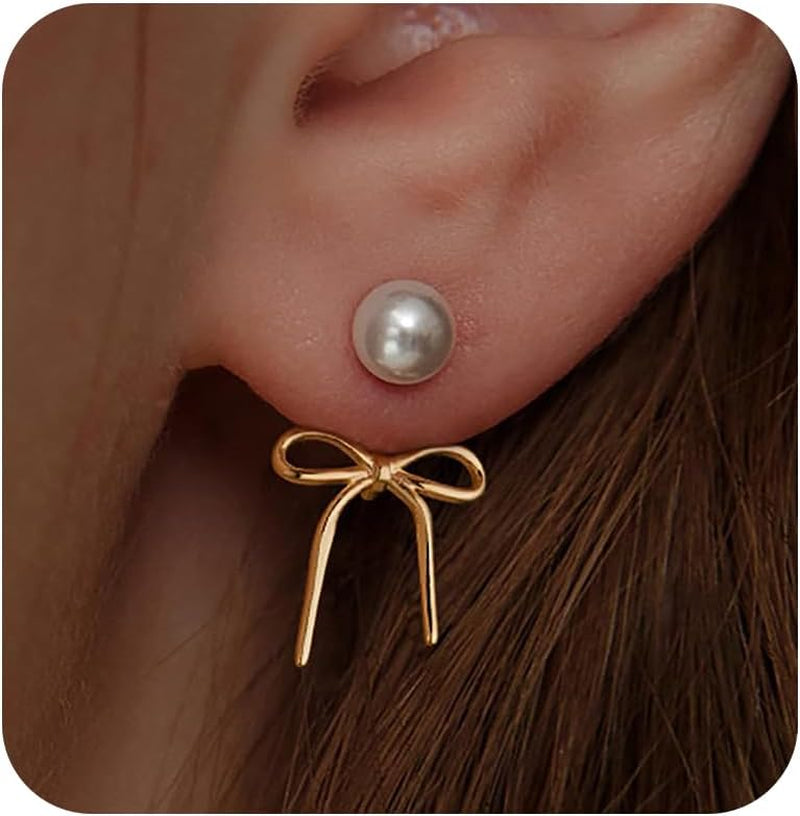 Bow Earrings for Women Pearl Bow Earrings Rhinestone Earring Gold Dangle Earring Christmas Jewelry Gifts Outfits Stocking Stuffers