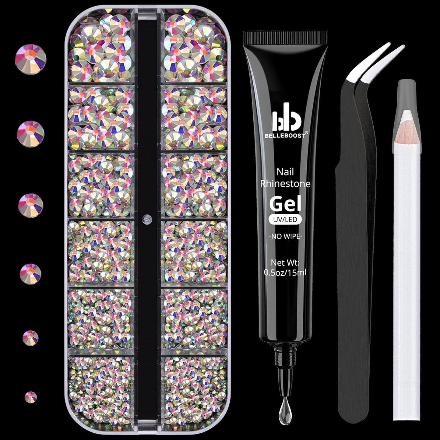 Nail Art Rhinestone Kit, 15Ml Rhinestone Gel Glue+Colorful Gems+Flatback Glass Crystal Ab&Clear Gemstones with Pickup Tools for Bedazzling Nail and Face Makeup