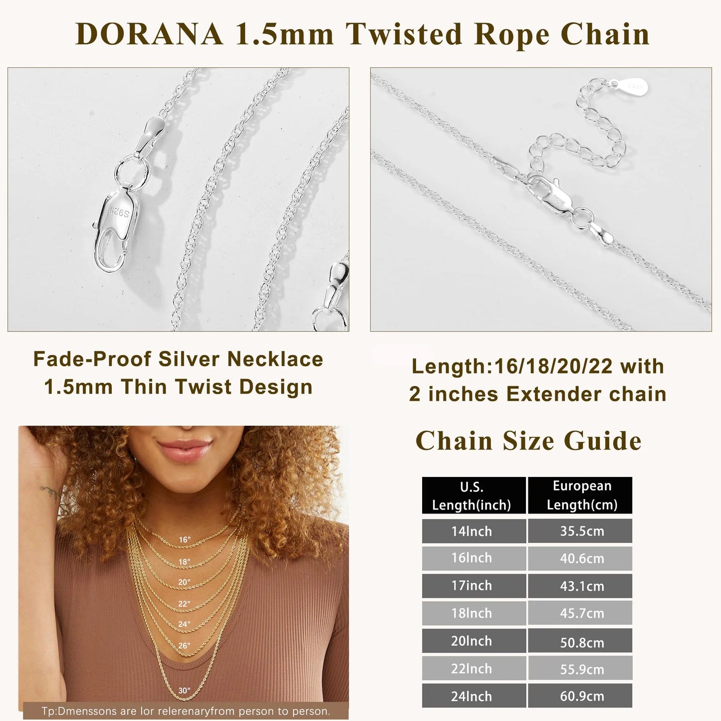 DORANA S925 Sterling Silver Plated Chains for Women 1.5Mm/2Mm Non Tarnish Twist Rope Necklace Birthday Mothers Day Graduation Jewelry Gifts Teen Mom Her Adult Wife Age Ideas 16/18/20/22/24 Inch