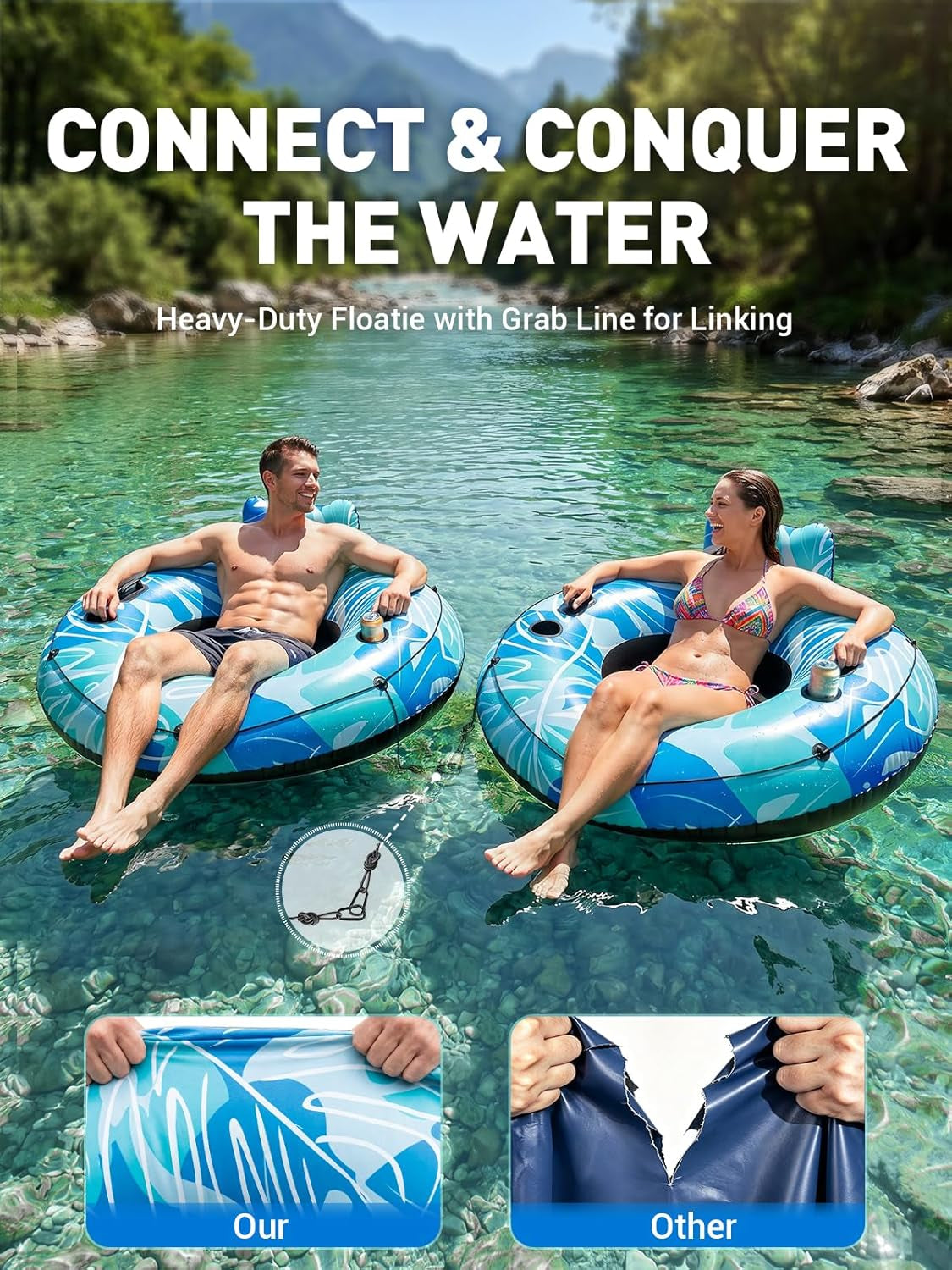 Inflatable River Tube for Adults - 53" Heavy Duty River Float with 2 Deep Cup Holders & Ergonomic Backrest, Floating Tubes with 2 Handles & Grab Rope for Pool, Lake or Lazy River