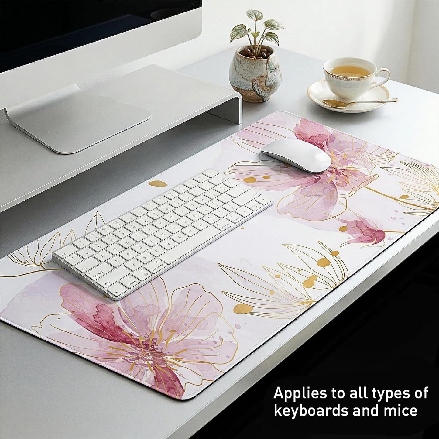 Large Desk Mat Floral Mouse Pad, XXL Non-Slip Waterproof Keyboard Mat with Stitched Edges, Full Desk Protector for Women Office Home Laptop (Pink)
