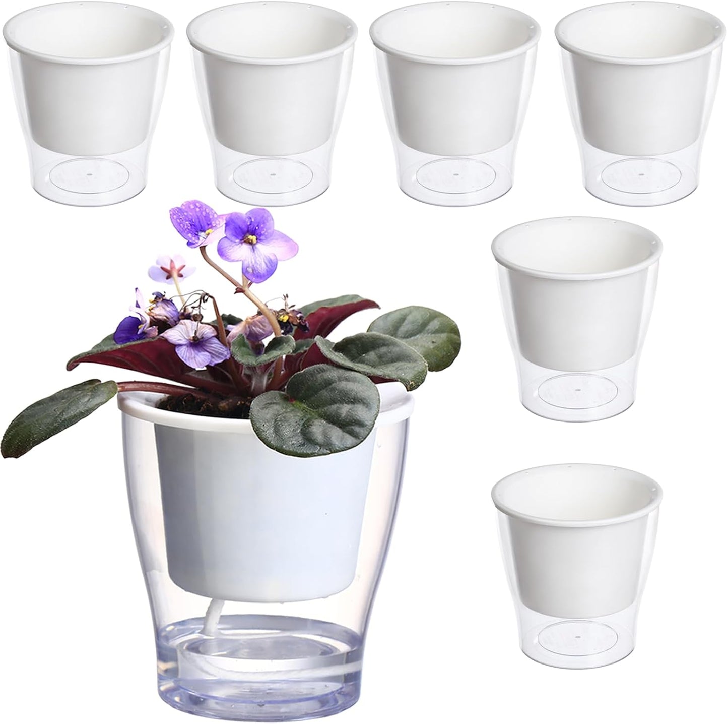 3 Packs 7" Large Clear Self-Watering Planters African Violet Pots Plastic Plant Pots Wicking Flower Pots for Indoor Plants, Herbs, African Violet, Ocean Spider Plant, Orchid Pot, Clear and White