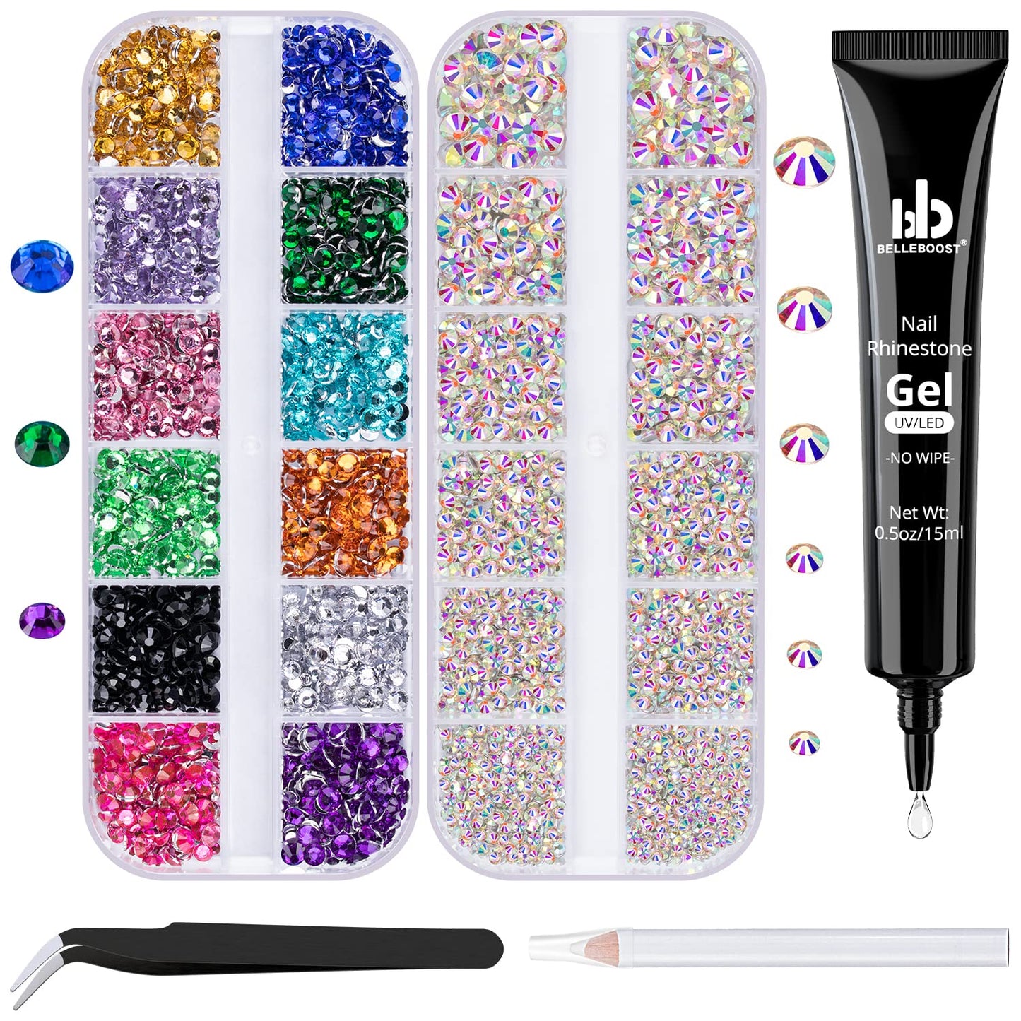 Nail Art Rhinestone Kit, 15Ml Rhinestone Gel Glue+Colorful Gems+Flatback Glass Crystal Ab&Clear Gemstones with Pickup Tools for Bedazzling Nail and Face Makeup