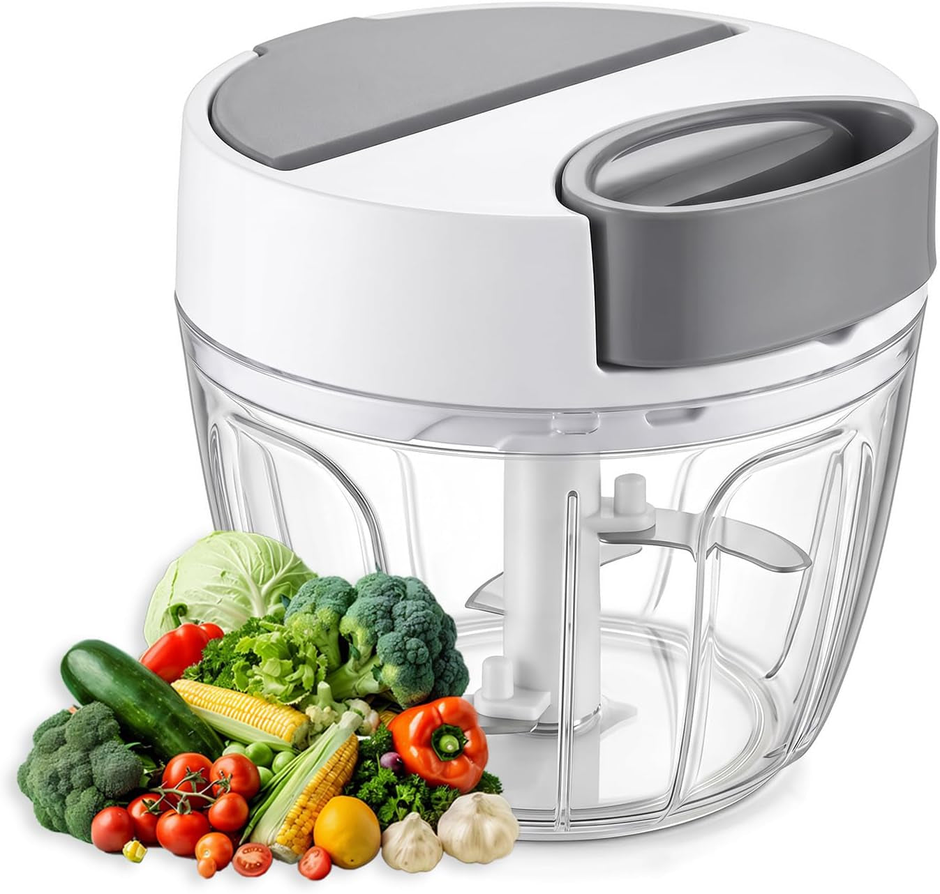 Manual Food Chopper Vegetable Cutter, Pull Chopper with String Garlic Mincer Onion Cutter for Veggies, Ginger, Salad, Fruits, Nuts, Herbs, Etc., 650Ml, Gray