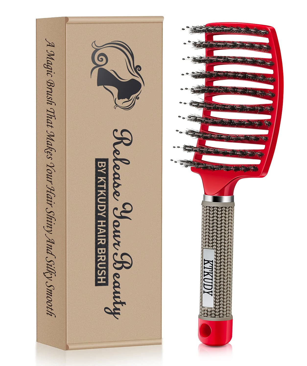 Detangling Hair Brush - Boar Bristle & Tangle-Free Design for Kids, Women, and Men - Perfect for Wet and Dry Hair - Smooth, Magical Pain-Free Styling (Red)