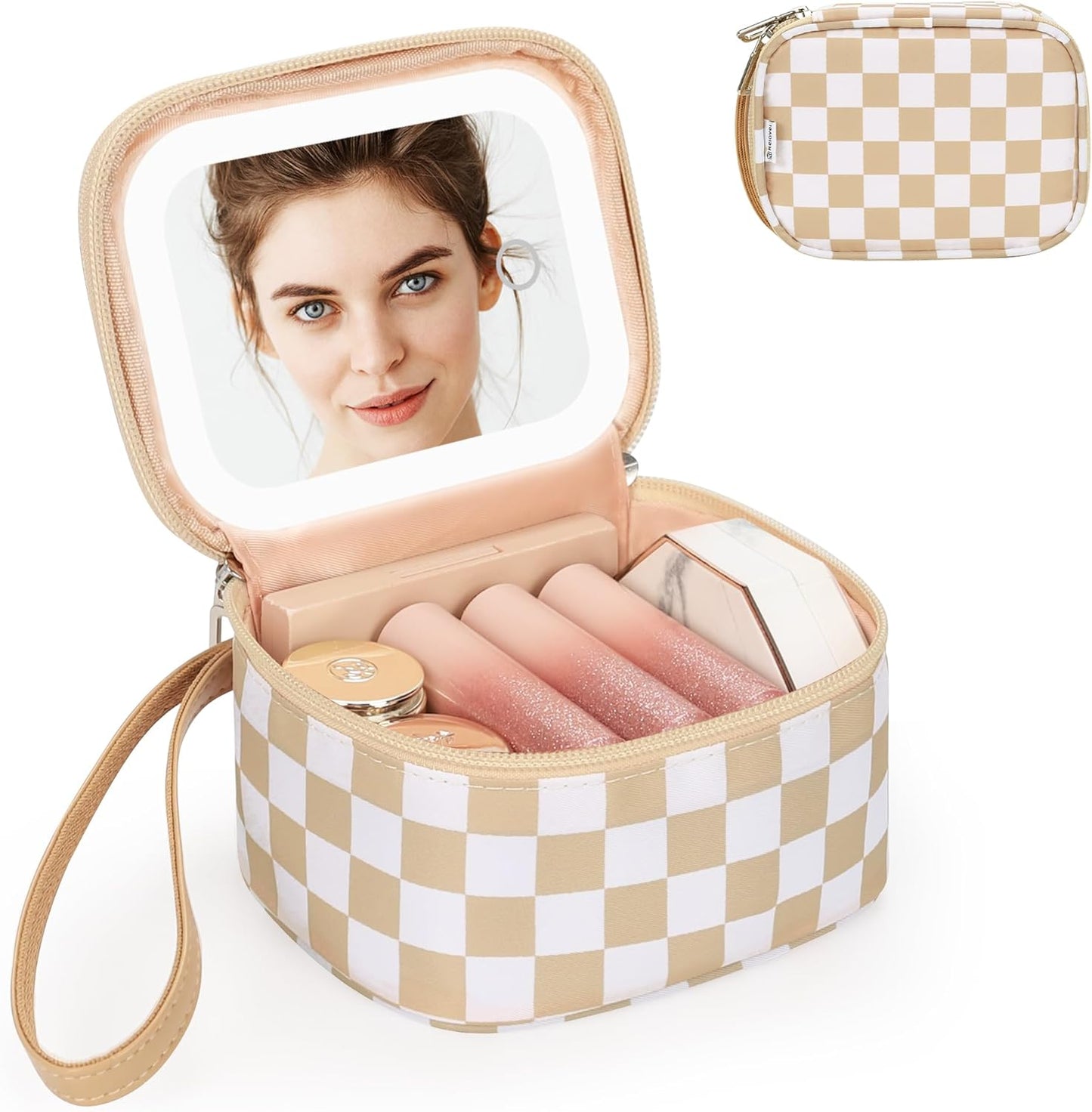 Mini Makeup Bag with Led Mirror, Small Cosmetic Bag with 3 Light Modes, Rechargeable Portable Makeup Pouch with Hands-Free Wrist Strap for Pool Parties丨Work Touch-Ups丨Travel - Black
