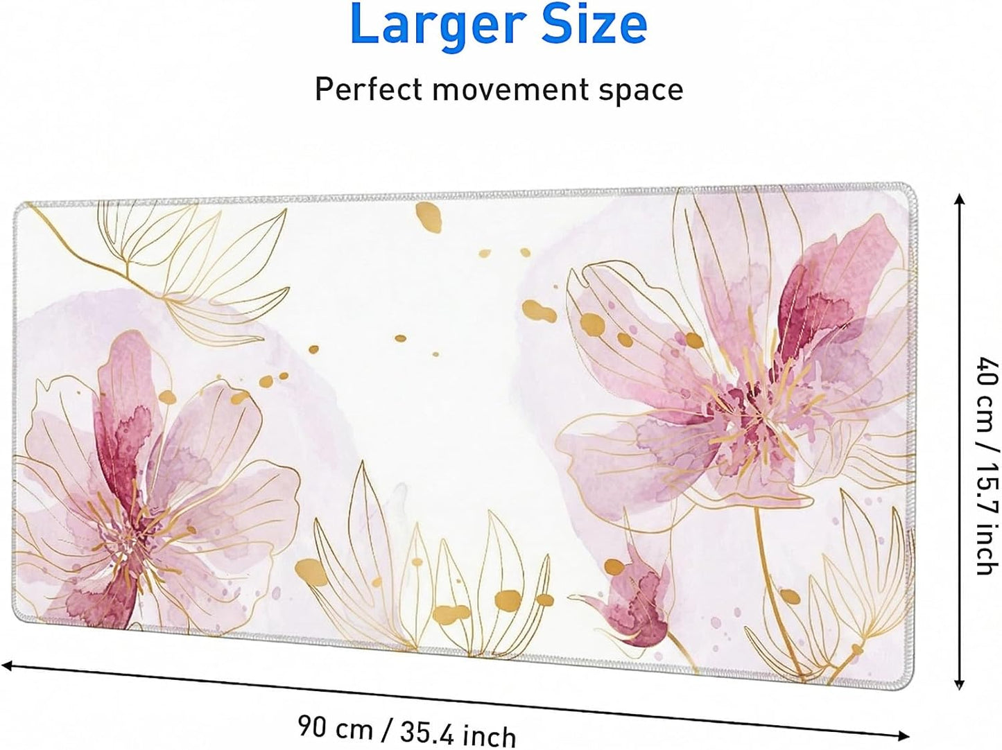Large Desk Mat Floral Mouse Pad, XXL Non-Slip Waterproof Keyboard Mat with Stitched Edges, Full Desk Protector for Women Office Home Laptop (Pink)