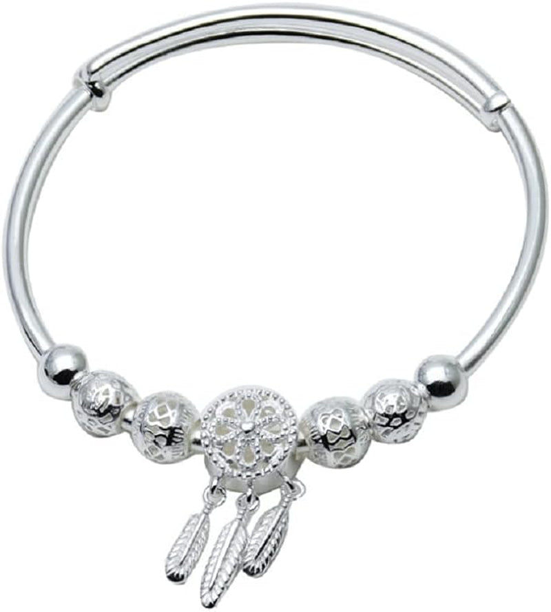 Simple 925 Silver Beads Bangle Bracelet Transfer Feathers Pendant Lucky Beads Cuff Bangle Fashion Charms Feather Leaf Boho Layered Bracelets for Women