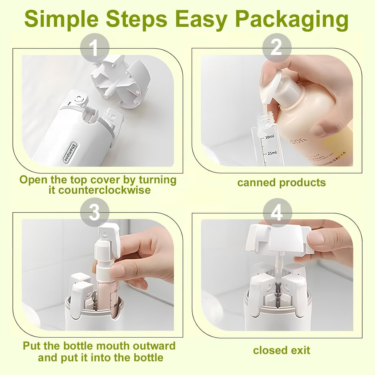 4 in 1 Travel Dispenser Bottle, Leakproof Rotatable Travel Pump Bottles for Toiletries, TSA Approved Hard Shell Liquid Containers (4X30Ml/1Oz), Essentials for Women & Men (White)