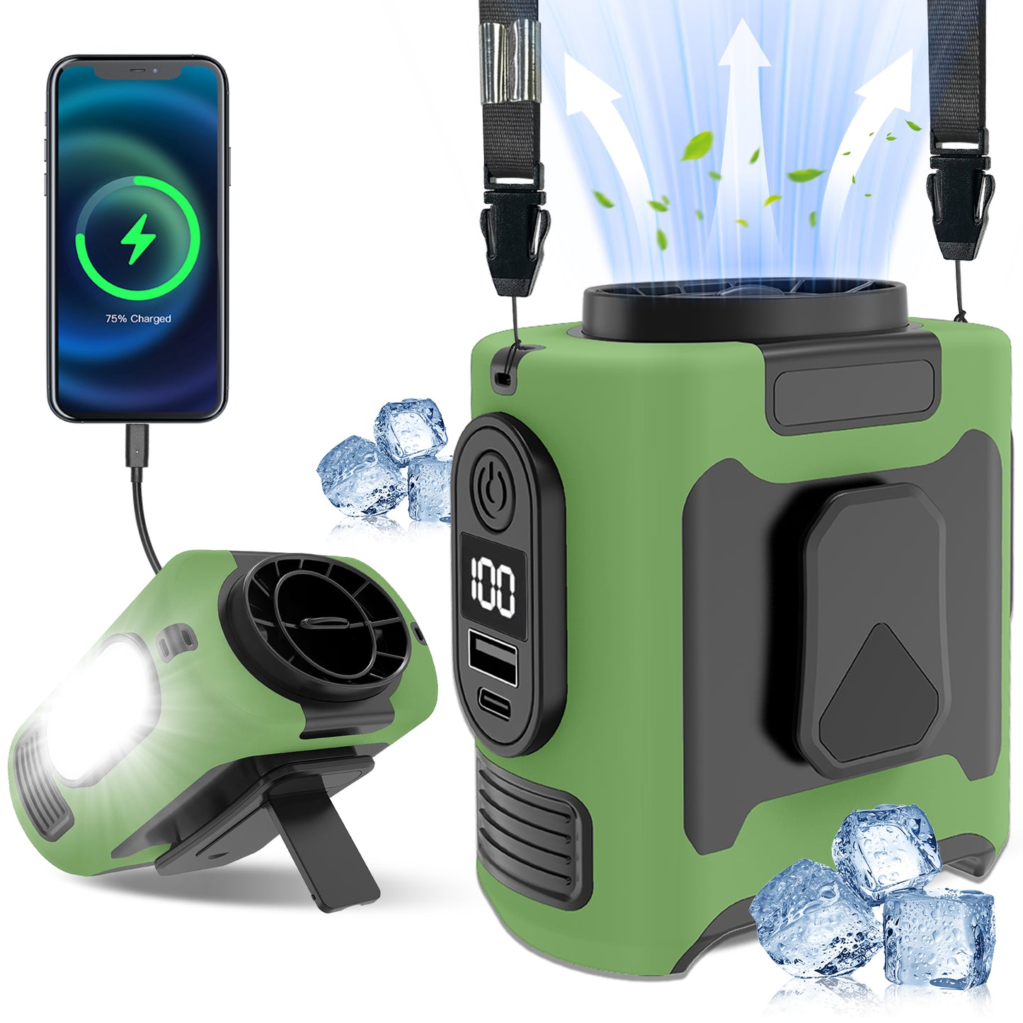16, 000 Rpm 10000Mah Portable Waist Fan, Clamp on Wearable Belt Personal Fan, Rechargeable Battery Powered, with 5 Speed Levels and Flashlight, Suitable for Outdoor Camping and Travel Army Green