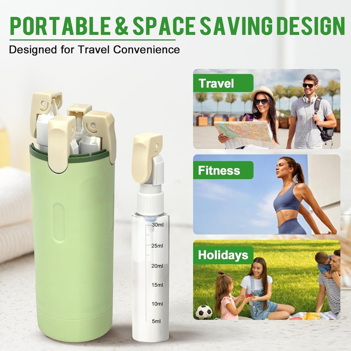 4 in 1 Travel Dispenser,4 Pack 30ML Travel Bottles for Toiletries,Refillable, Leak Proof and Portable,Suitable for Storing Shampoo, Shower Gel, Suitable for Travel, Camping (Green)