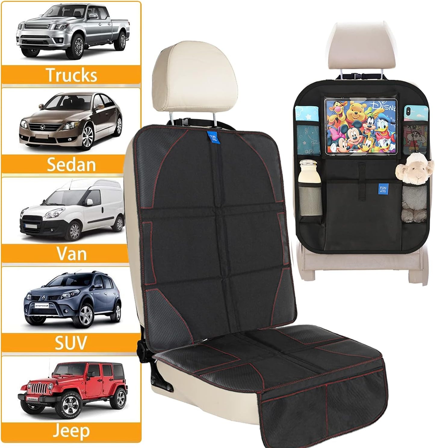 Car Seat Protector + Kick Mats Car Backseat Organizer Black,Suitable for All Cars,Xl Largest Car Seat Cover for Child Baby Carseat, Kick Mat Back Seat W/Storage Pockets