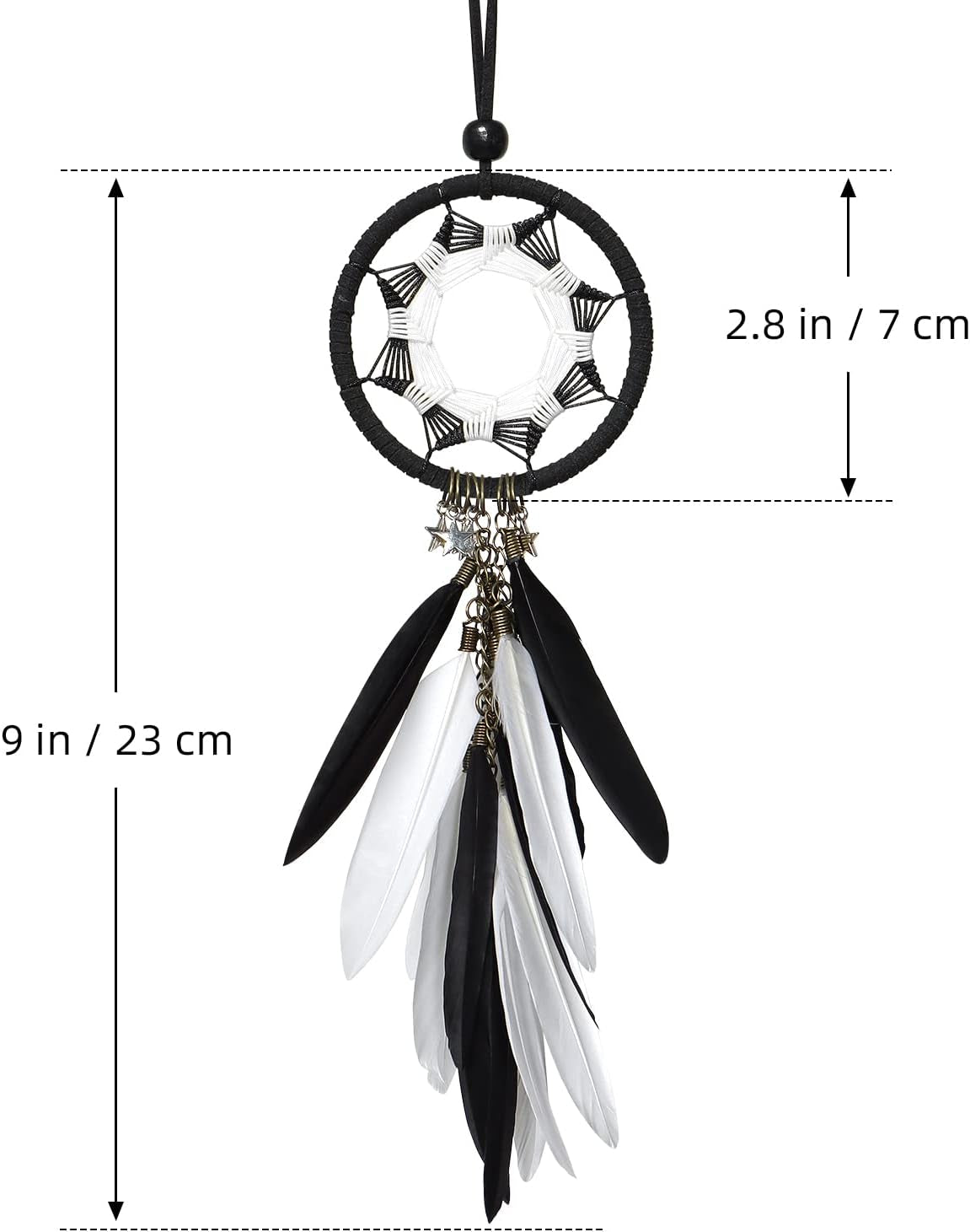 Dream Catcher Car Interior Rearview Mirror Hanging Decor Handmade Grids Nature Feather Small Boho Car Charms Pendant Accessories (Black and White)